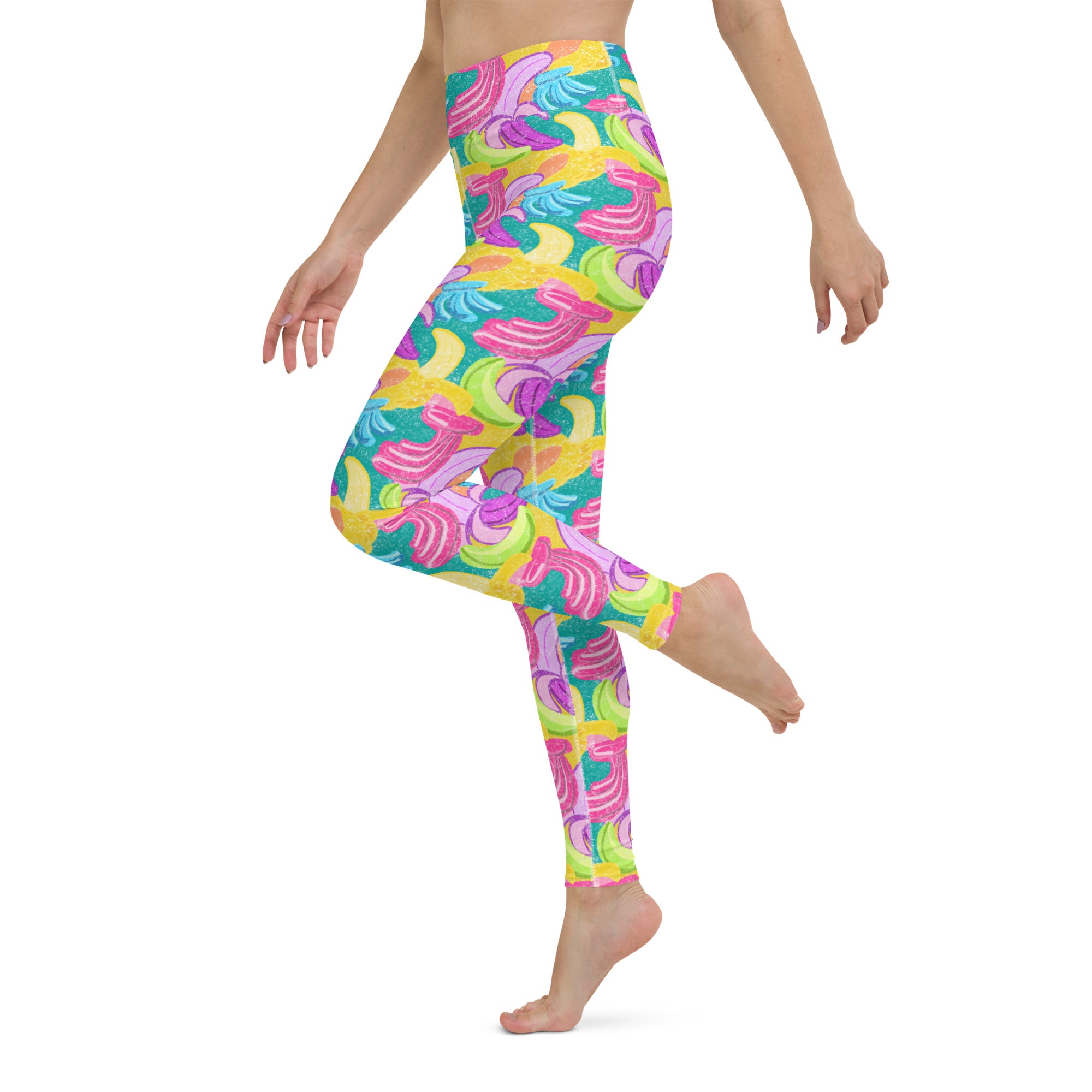 Colorful soft yoga leggings with bananas print, left side