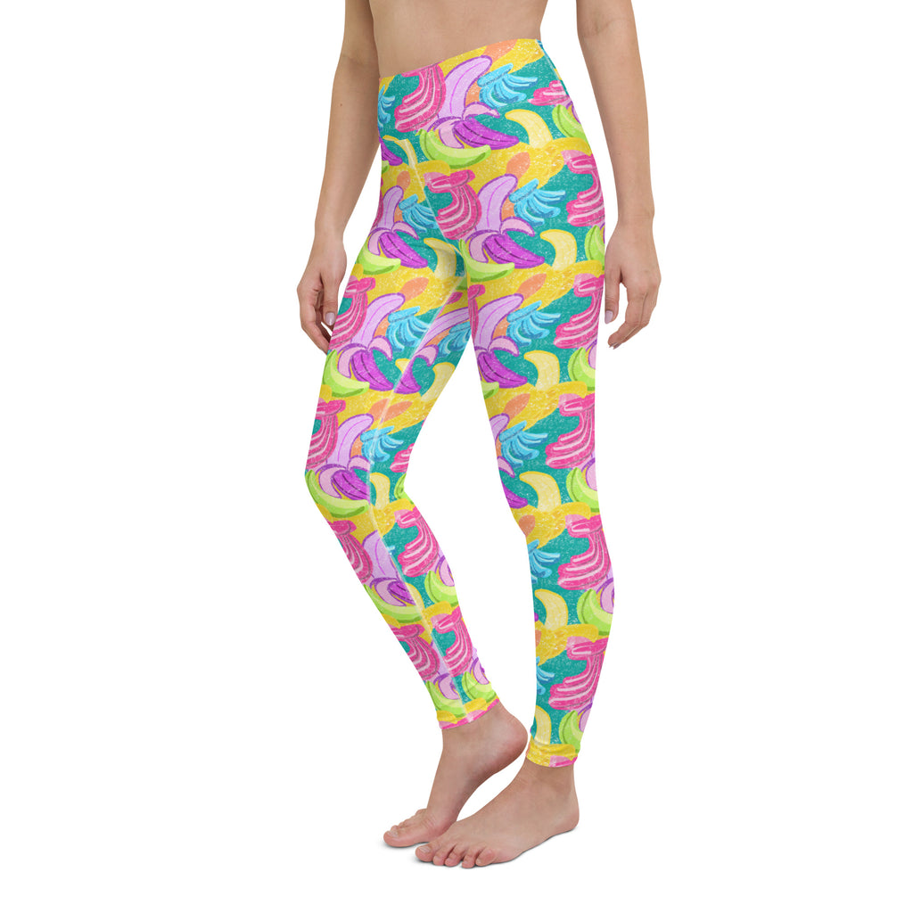 Colorful soft yoga leggings with bananas print, left side