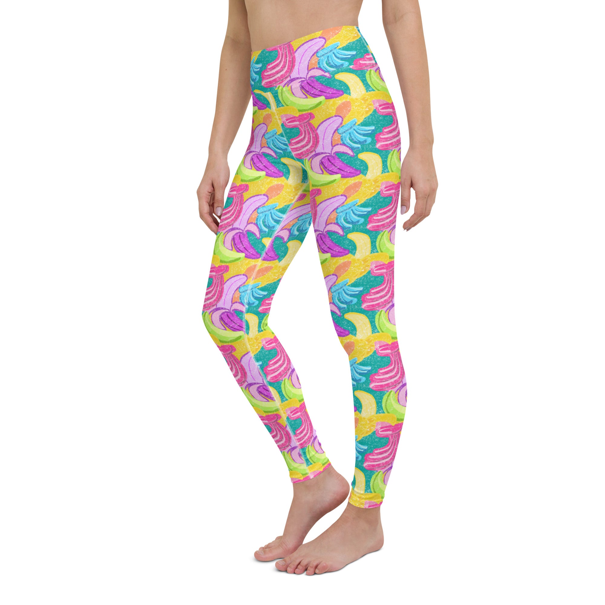 Colorful soft yoga leggings with bananas print, left side