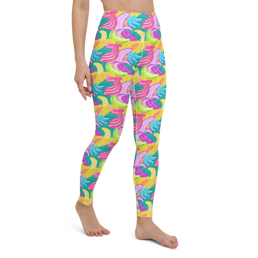 Colorful soft yoga leggings with bananas print, right front side