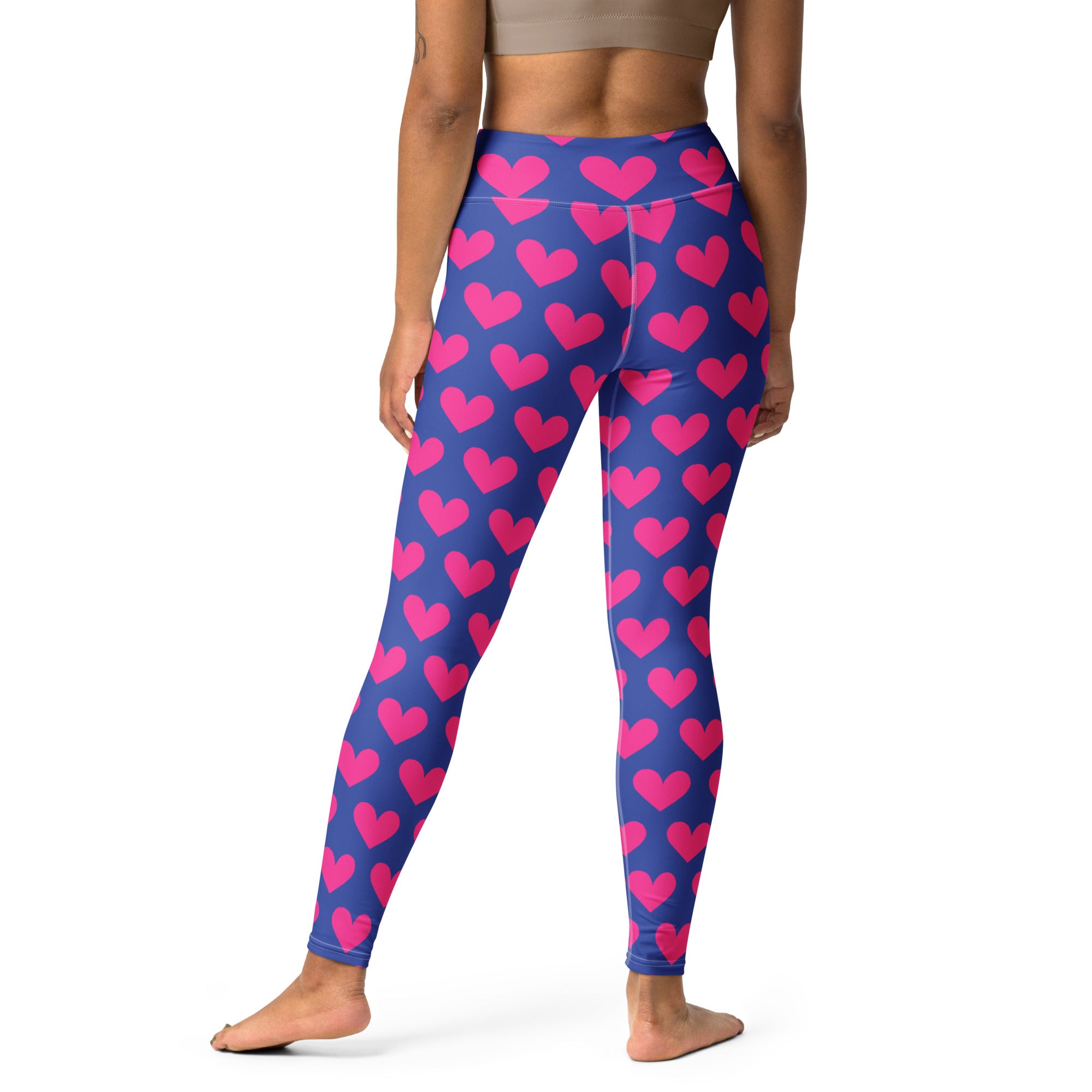 Colorful soft yoga leggings with blue and pink hearts pattern print, back side