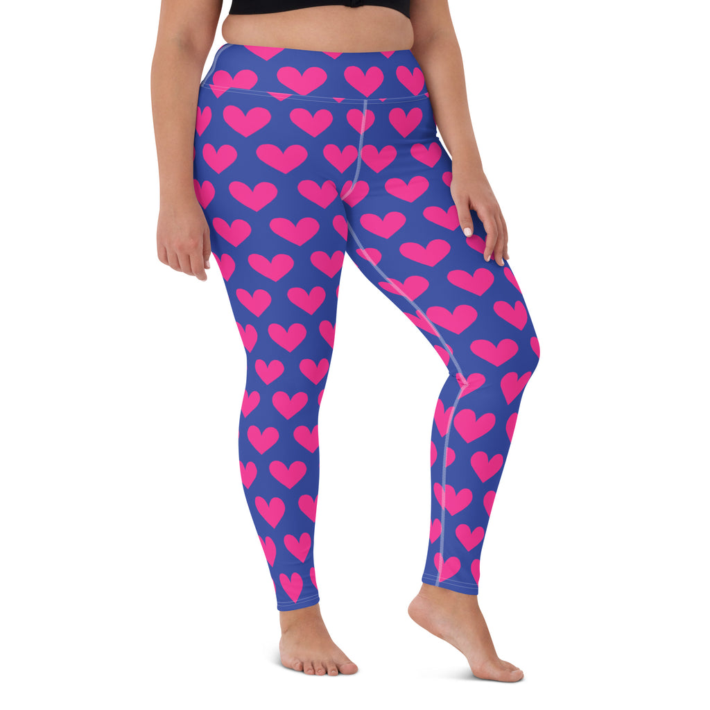 Colorful soft yoga leggings with blue and pink hearts print, front side
