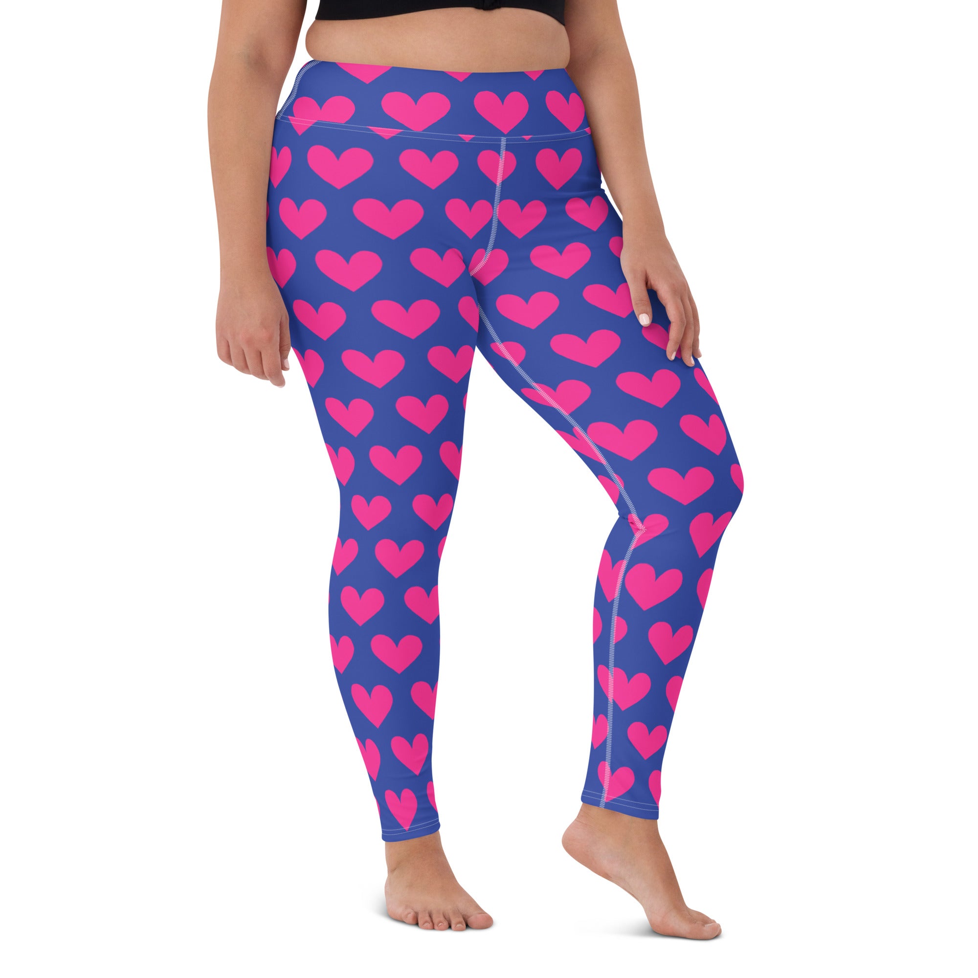 Colorful soft yoga leggings with blue and pink hearts print, front side