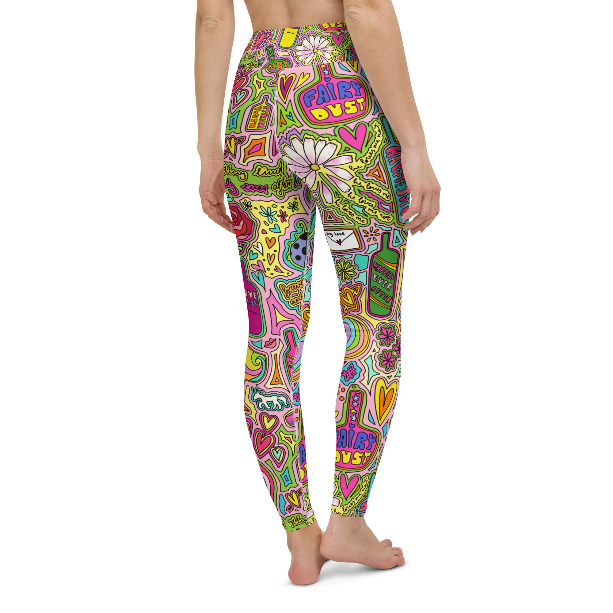 Colorful soft yoga leggings with fairytale print, back side