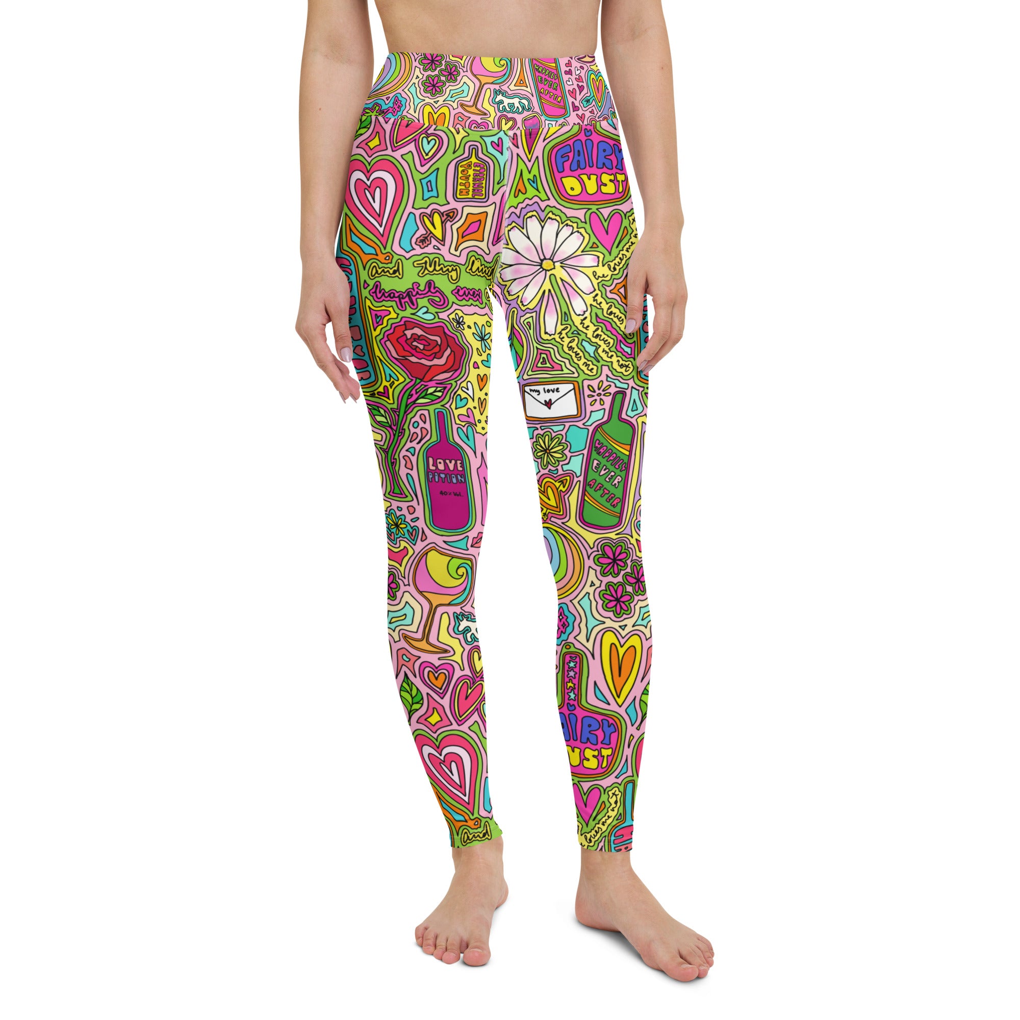 Colorful soft yoga leggings with fairytale print, front side