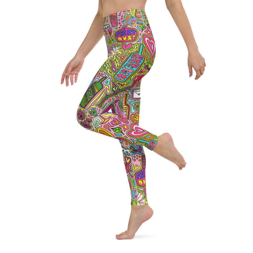 Colorful soft yoga leggings with fairytale print, left side