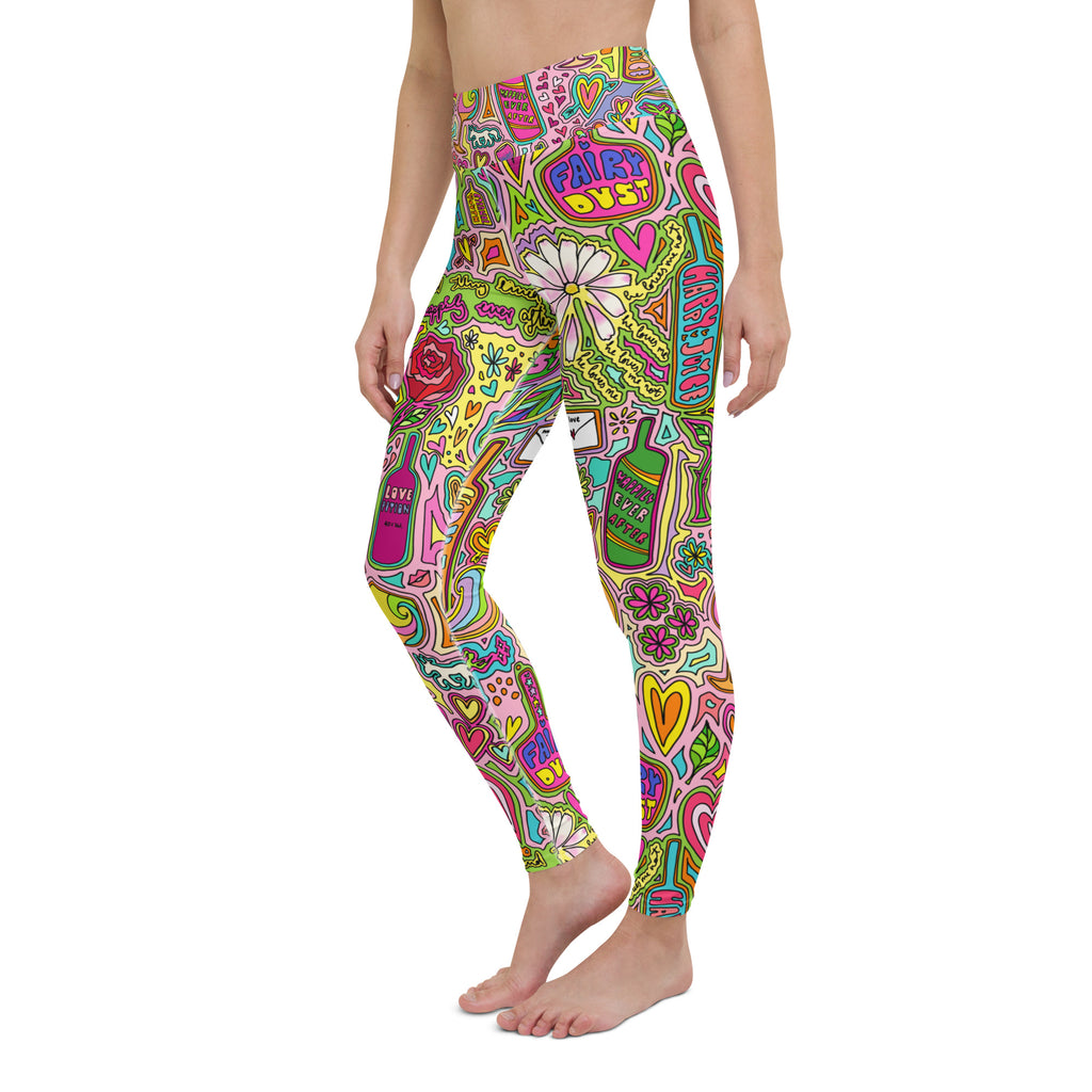 Colorful soft yoga leggings with fairytale print, front left side