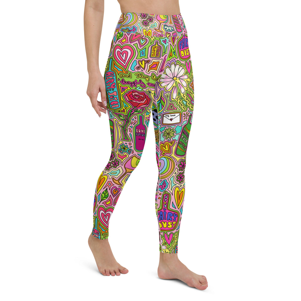 Colorful soft yoga leggings with fairytale doodles print, right front side