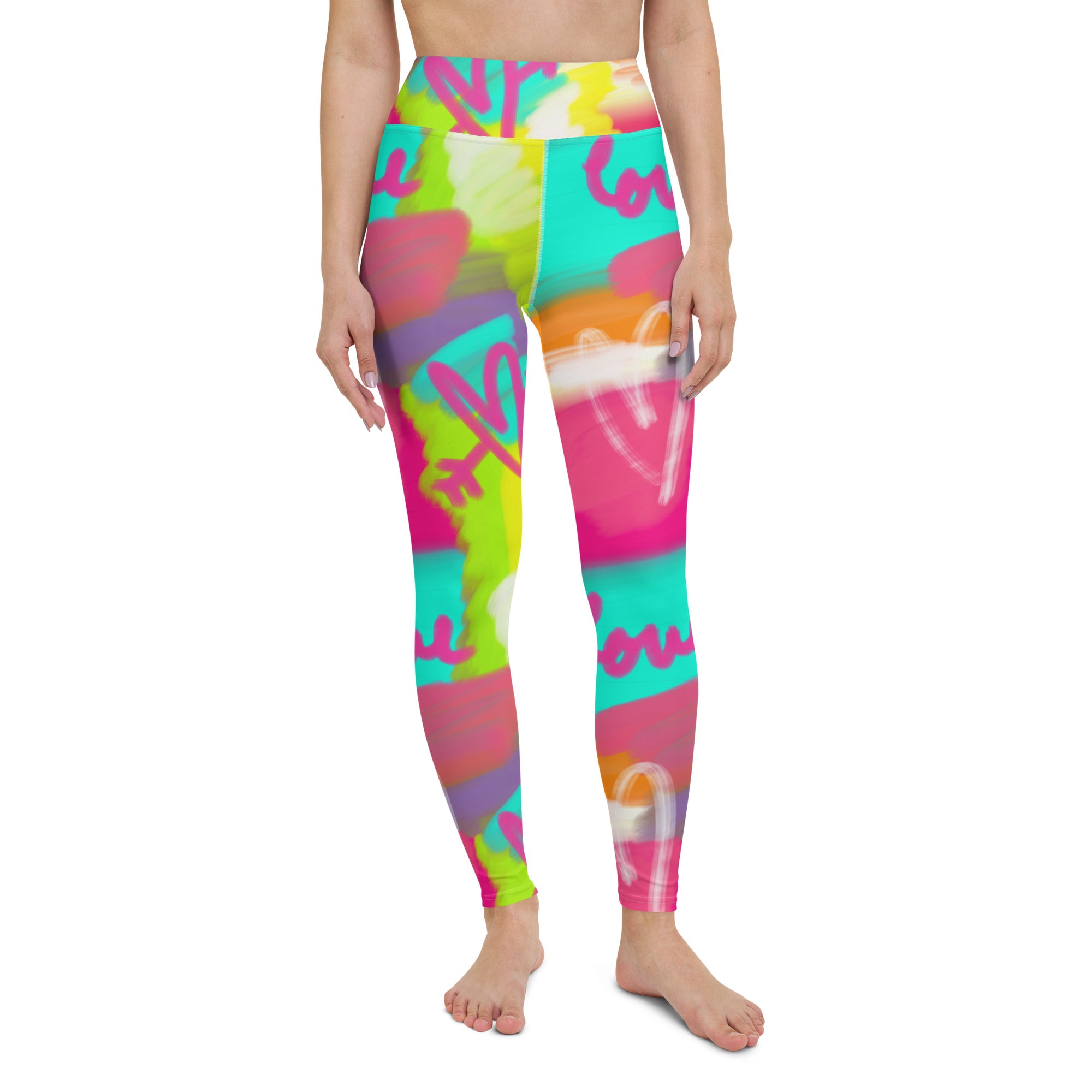 Colorful soft yoga leggings with lovestruck print, front view