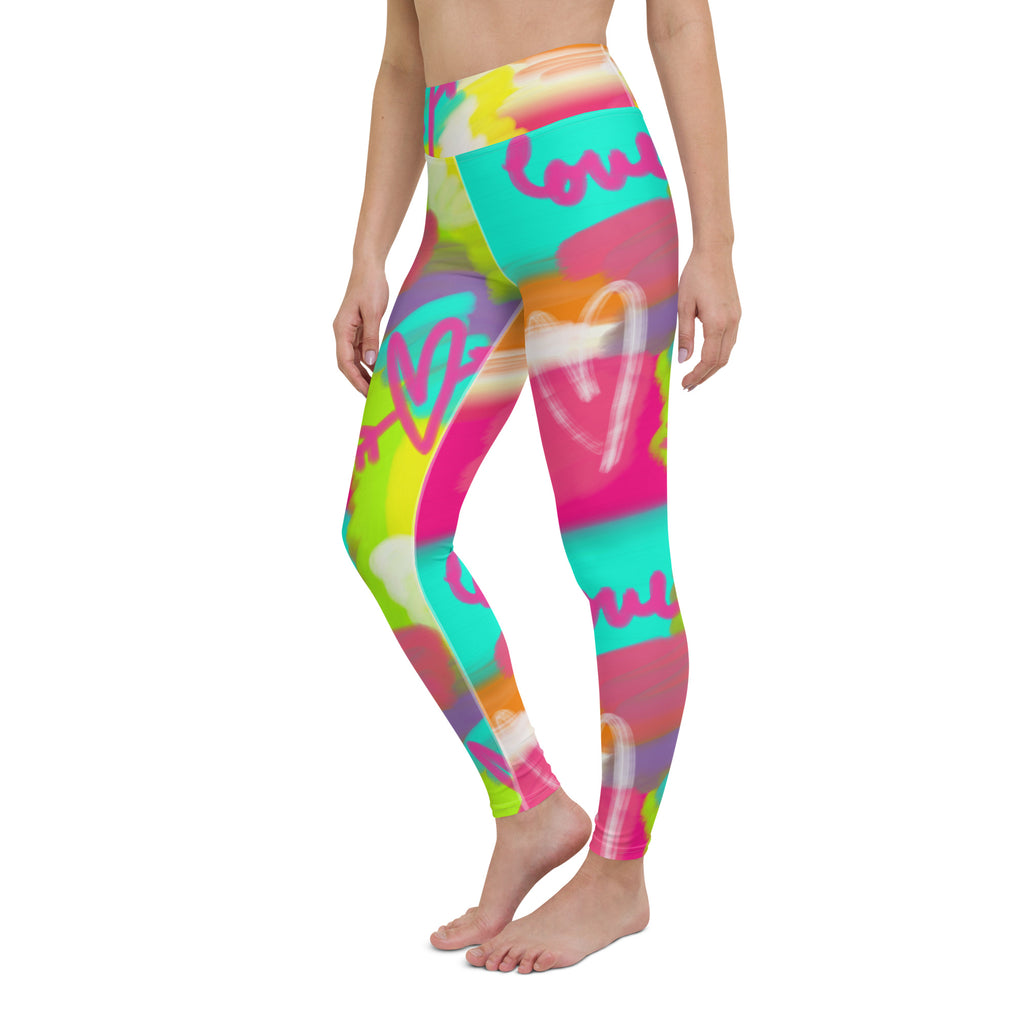 Colorful soft yoga leggings with lovestruck print, left side