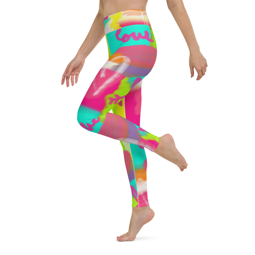 Colorful soft yoga leggings with lovestruck print, left view