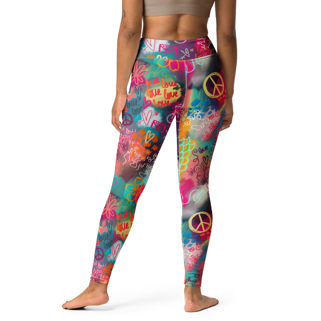 Colorful soft yoga leggings with peace love sakura print, back side