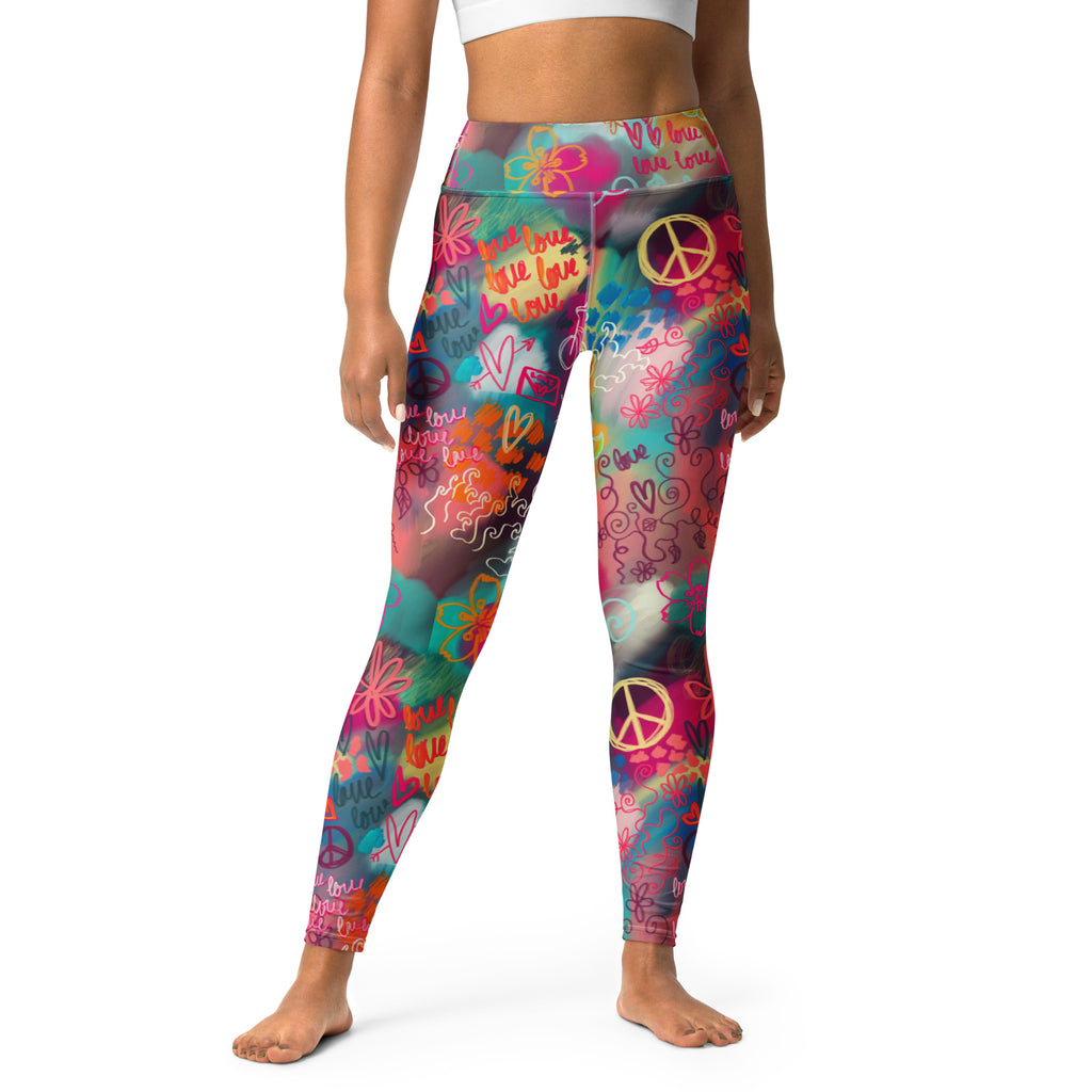 Colorful soft yoga leggings with peace love sakura print, front side