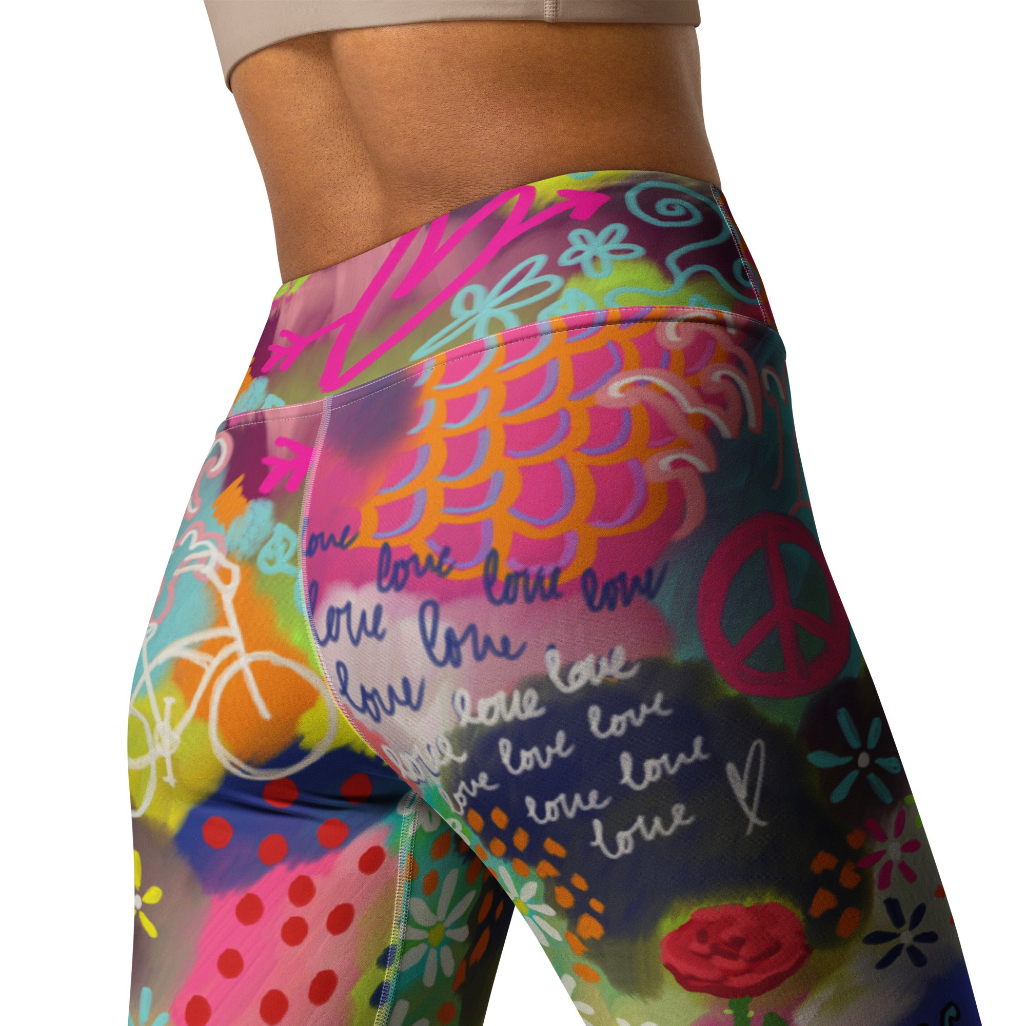 Colorful soft yoga leggings with under the sea print, back side closeup