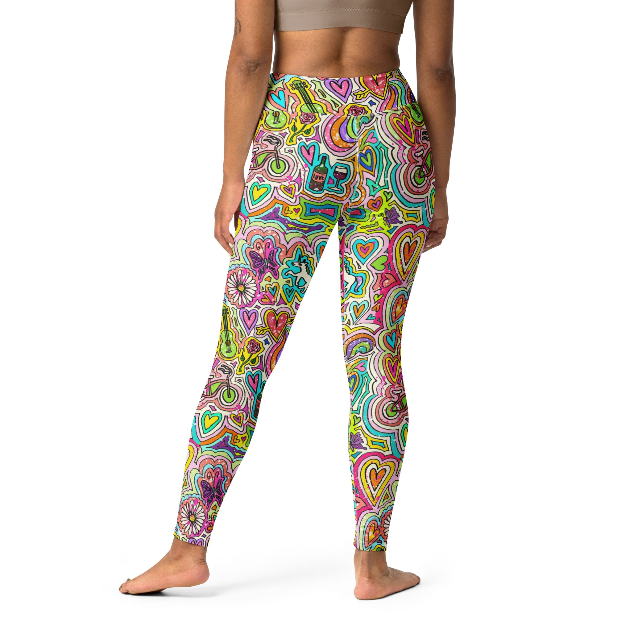 Colorful soft yoga leggings with unicorns doodle print, back view