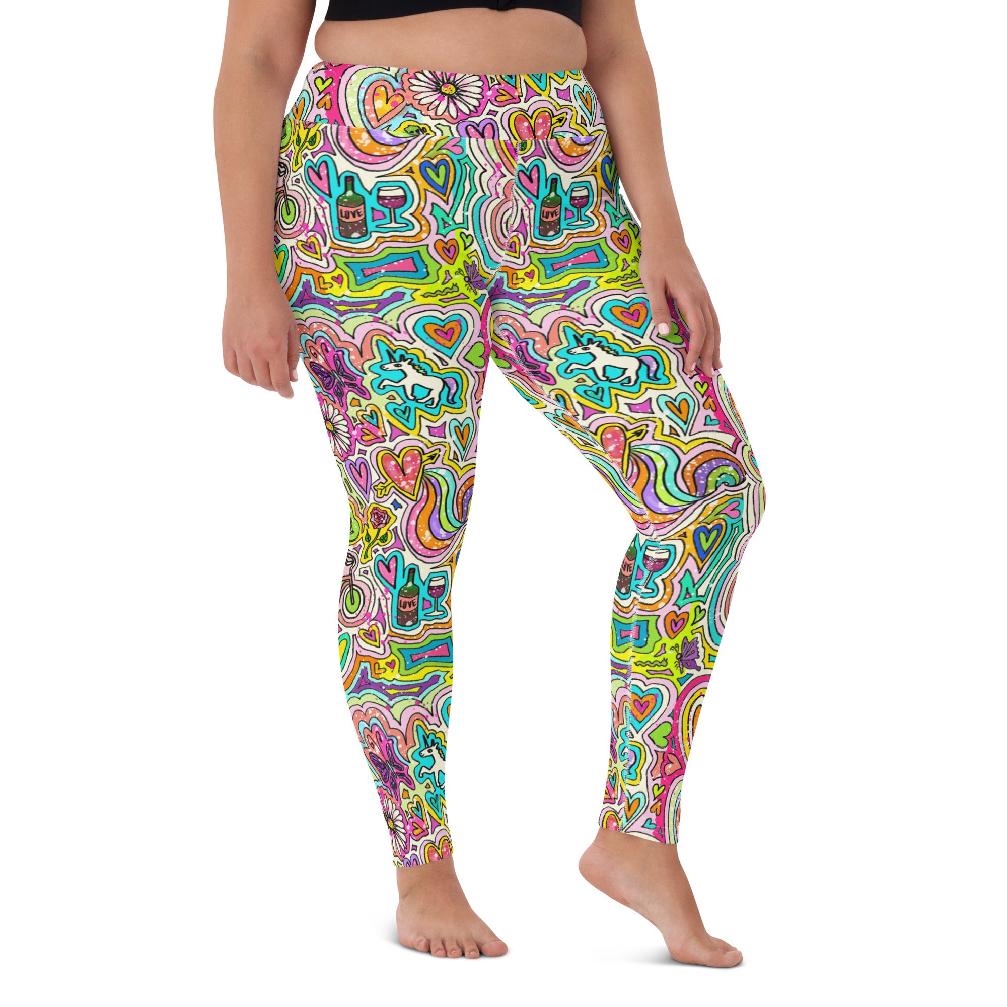 Colorful soft yoga leggings with unicorns doodles print, front view