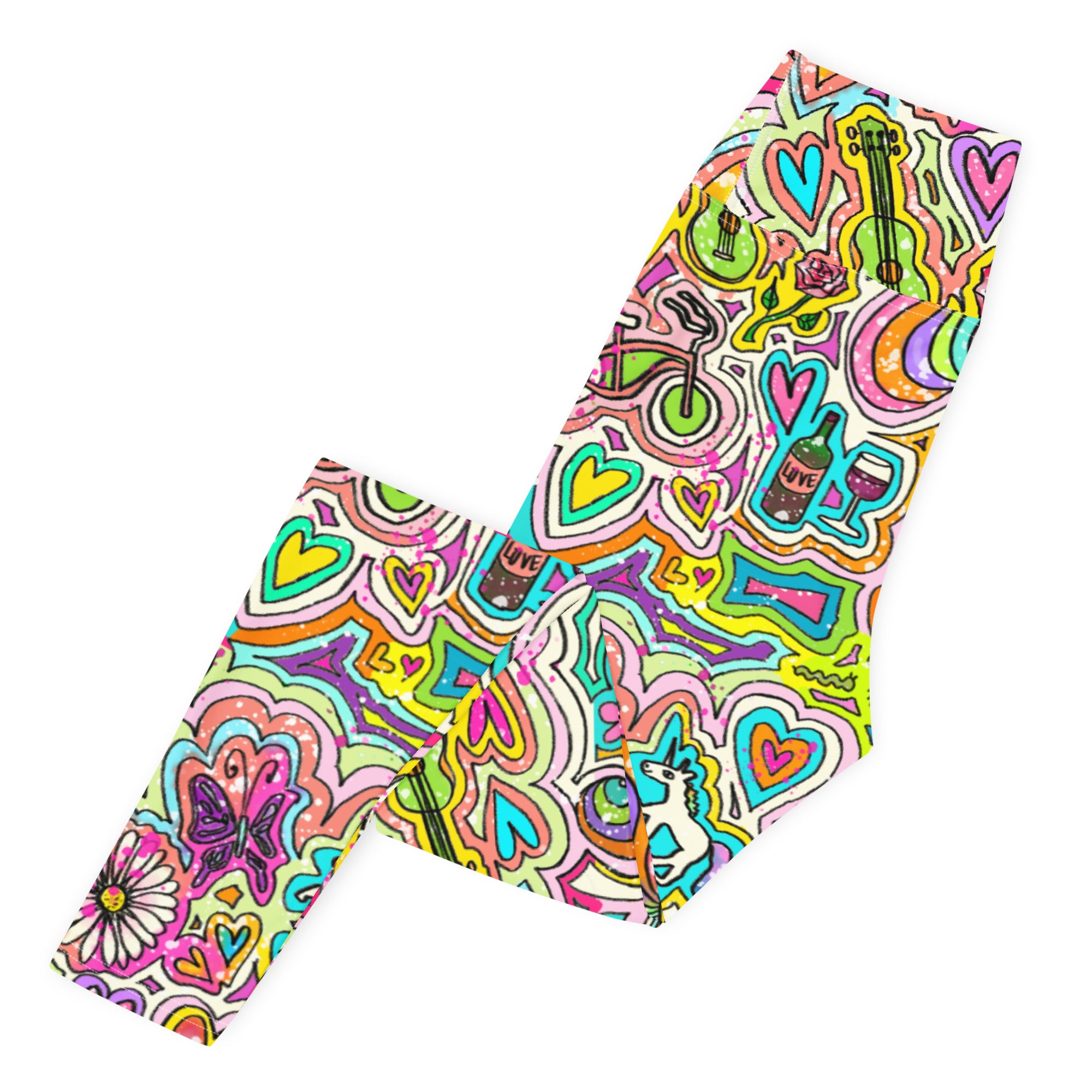 Colorful soft yoga leggings with unicorns doodles print, side flat view