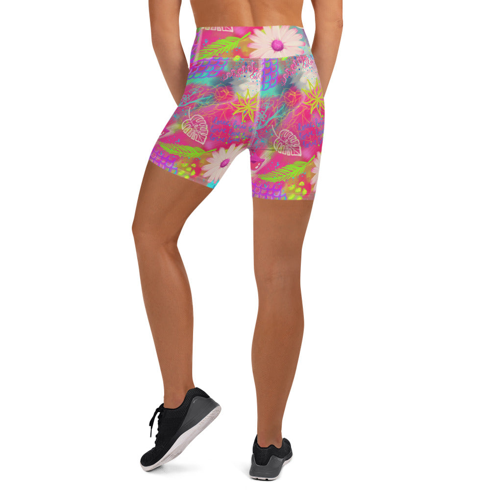 Colorful soft yoga shorts with pink tropical print, back side