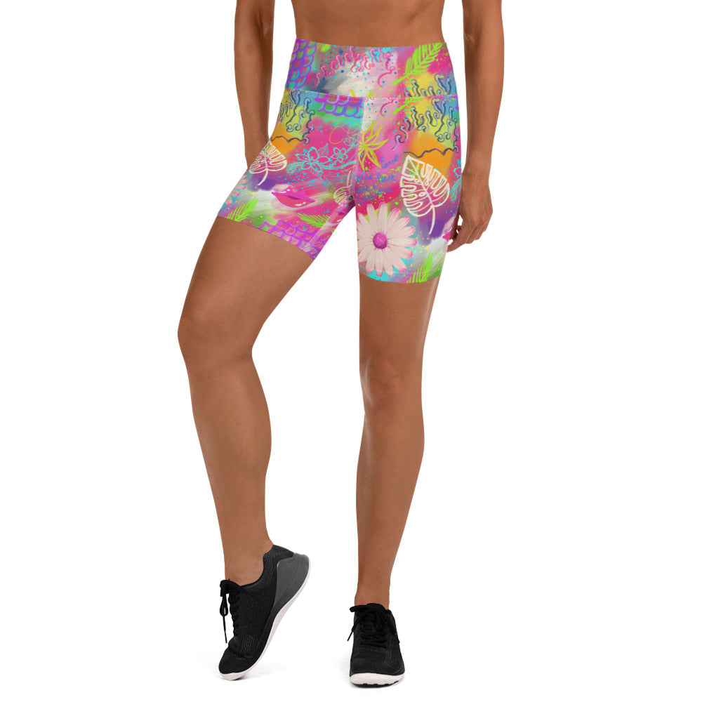 Colorful soft yoga shorts with pink tropical print, front side