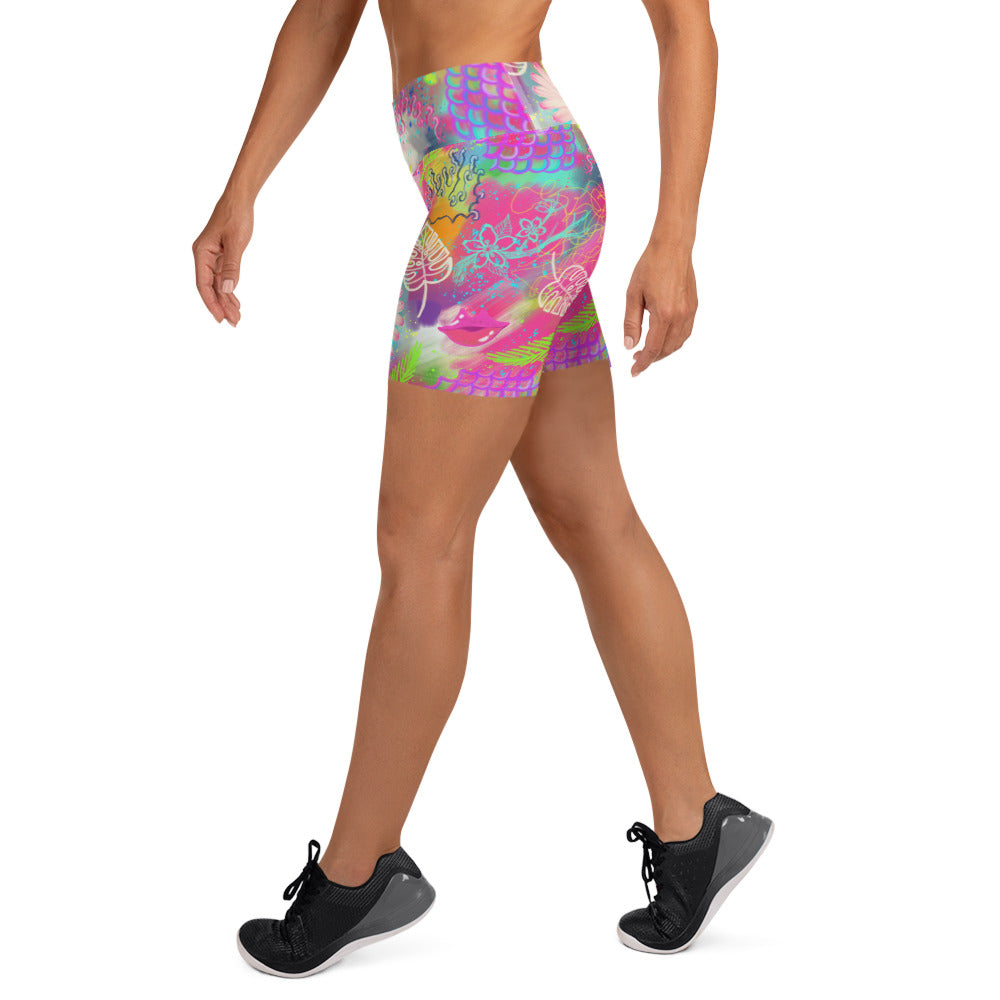 Colorful soft yoga shorts with pink tropical print, left side