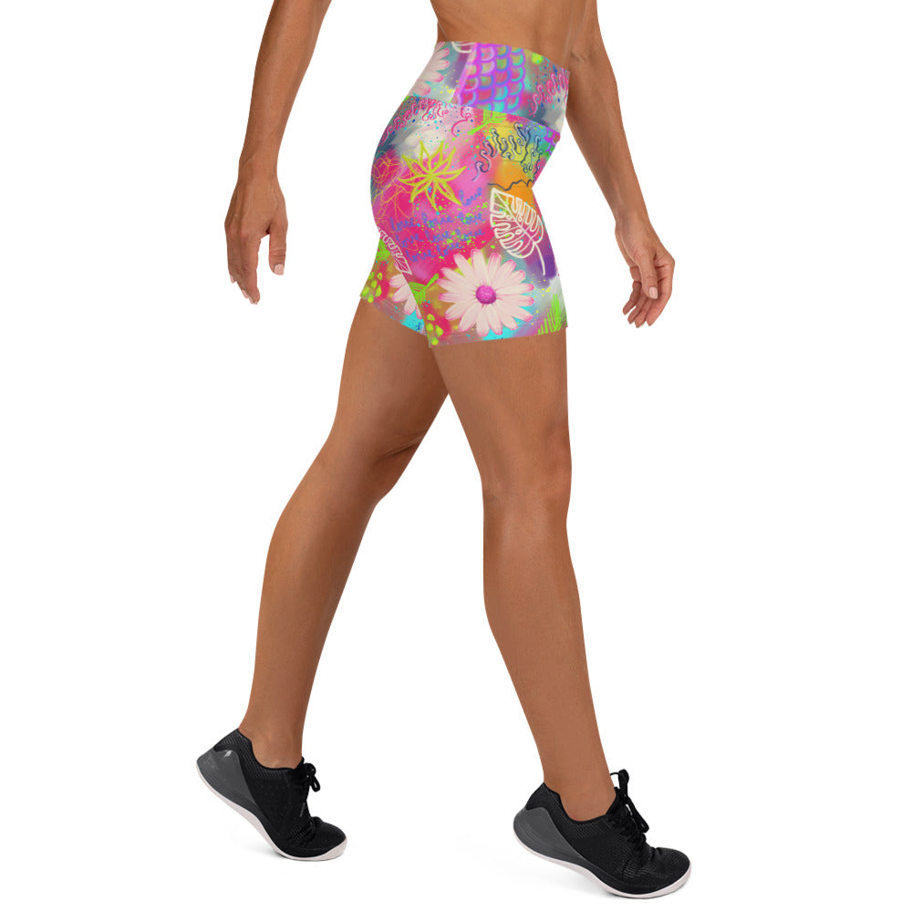 Colorful soft yoga shorts with pink tropical print, right side