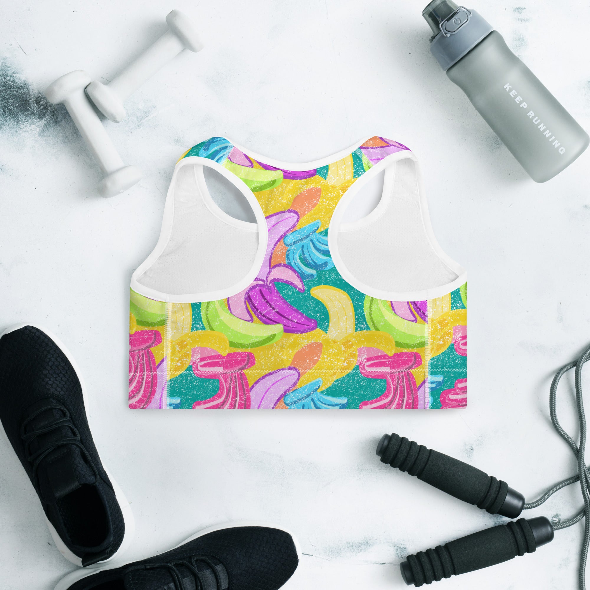 Colorful sports bra with bananas print back side