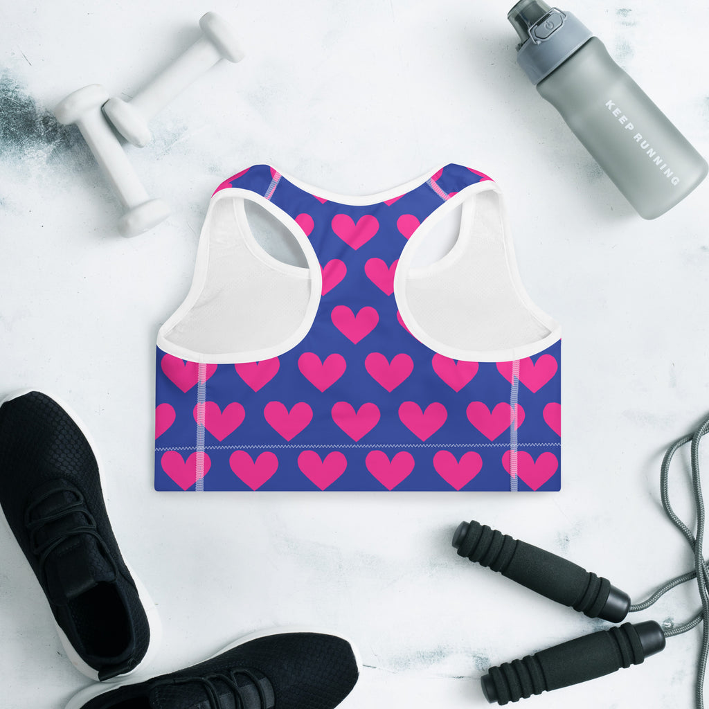 Colorful sports bra with blue pink hearts print back side