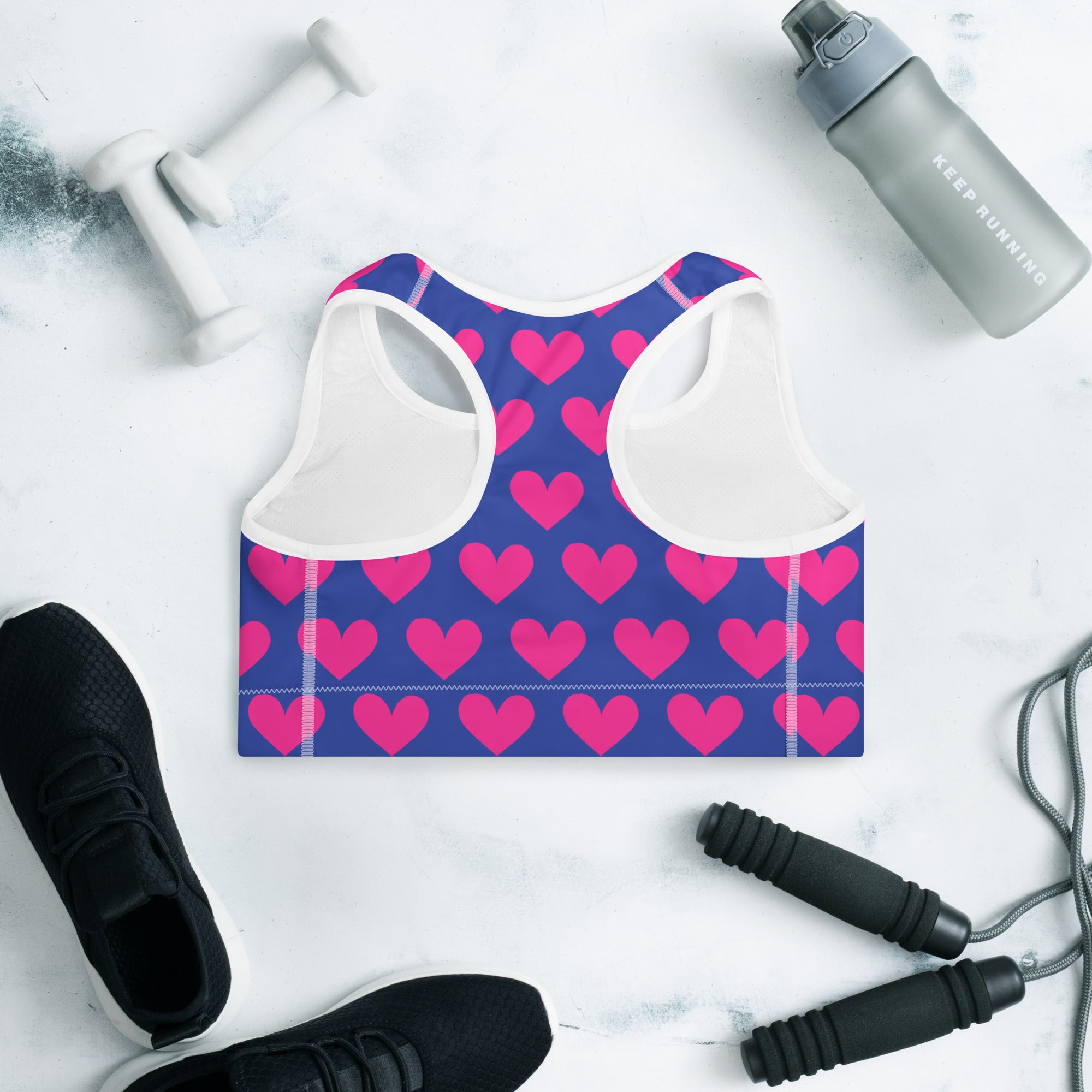 Colorful sports bra with blue pink hearts print back side