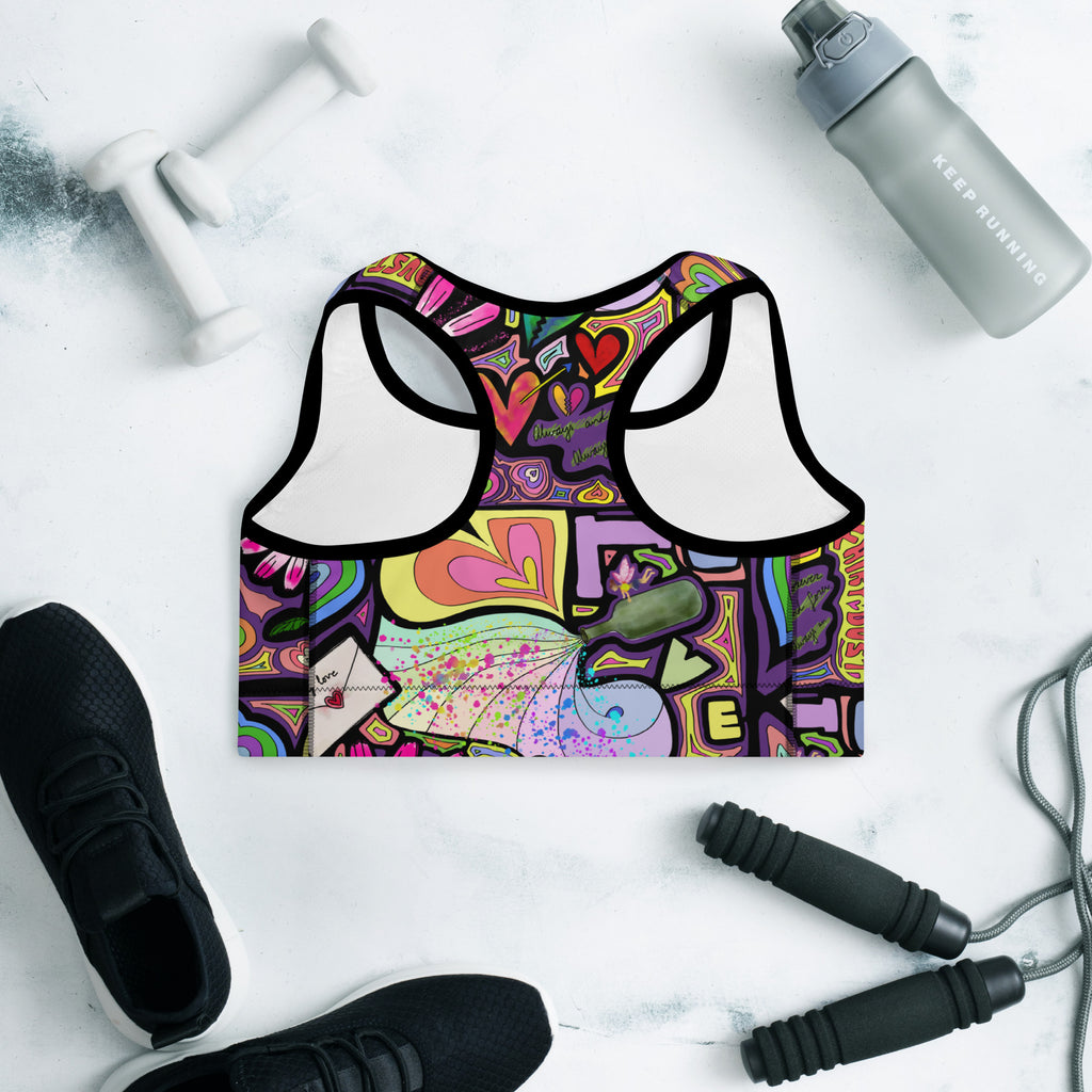 Colorful sports bra with fairy dust black print back side