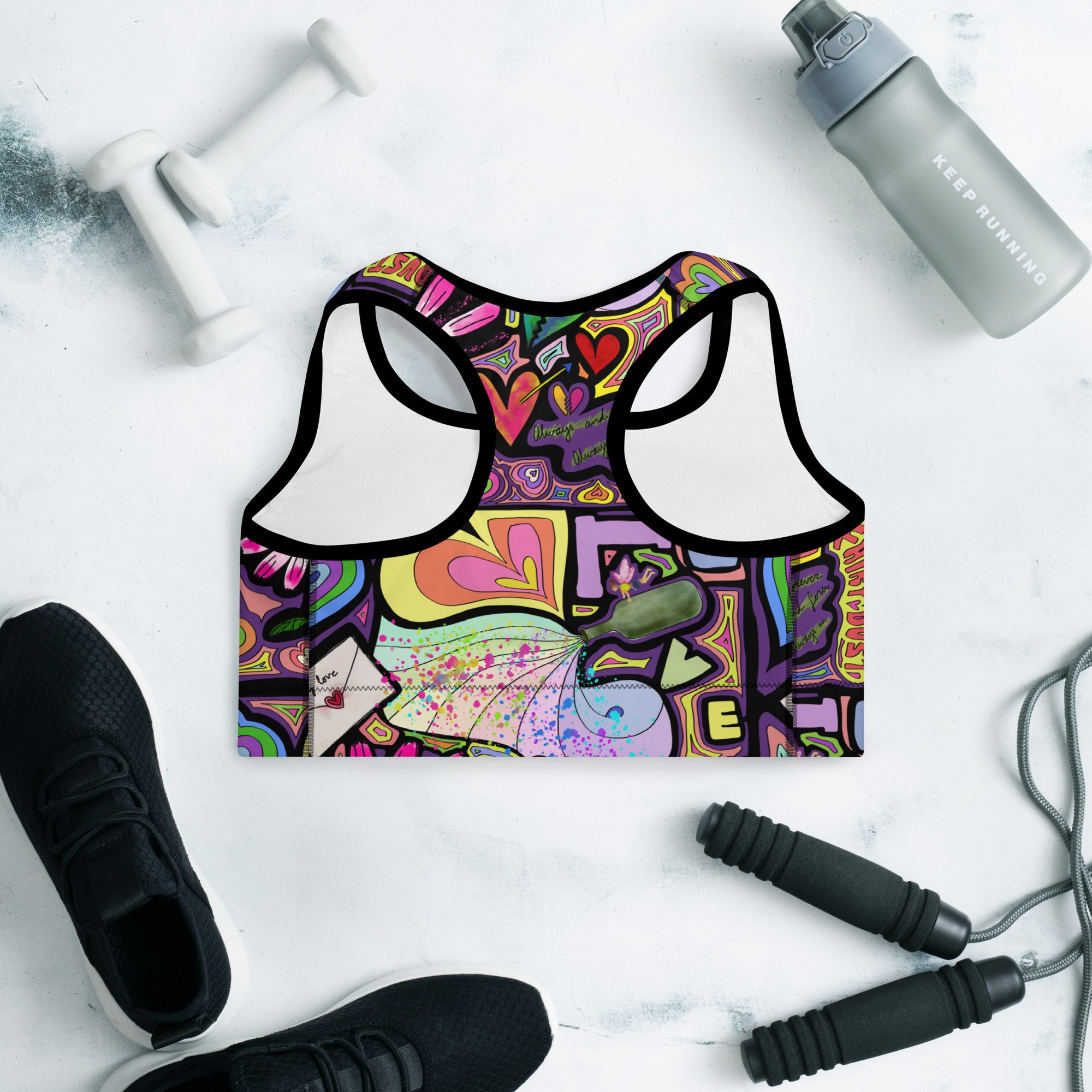 Colorful sports bra with fairy dust black print back side