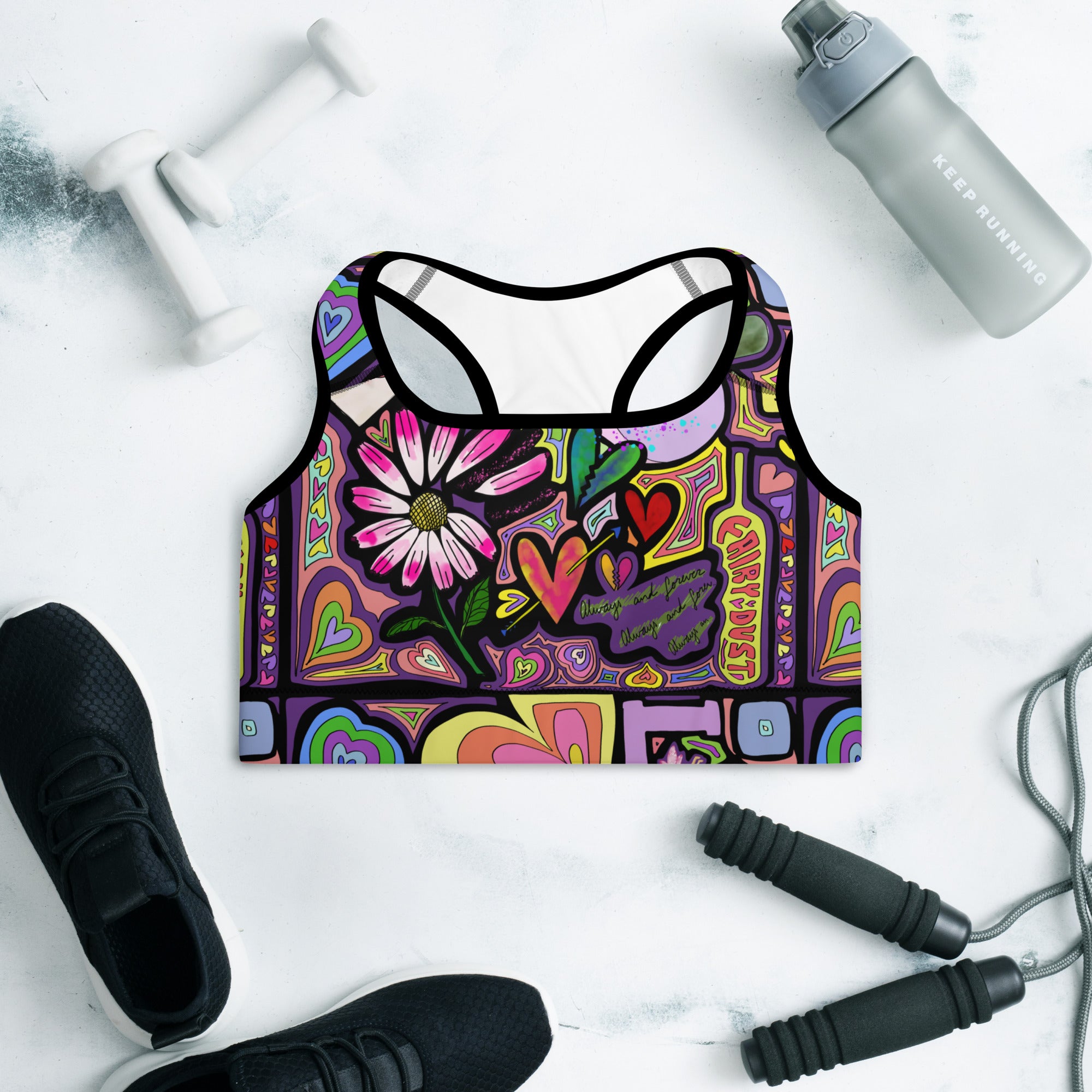Colorful sports bra with fairy dust black print front side
