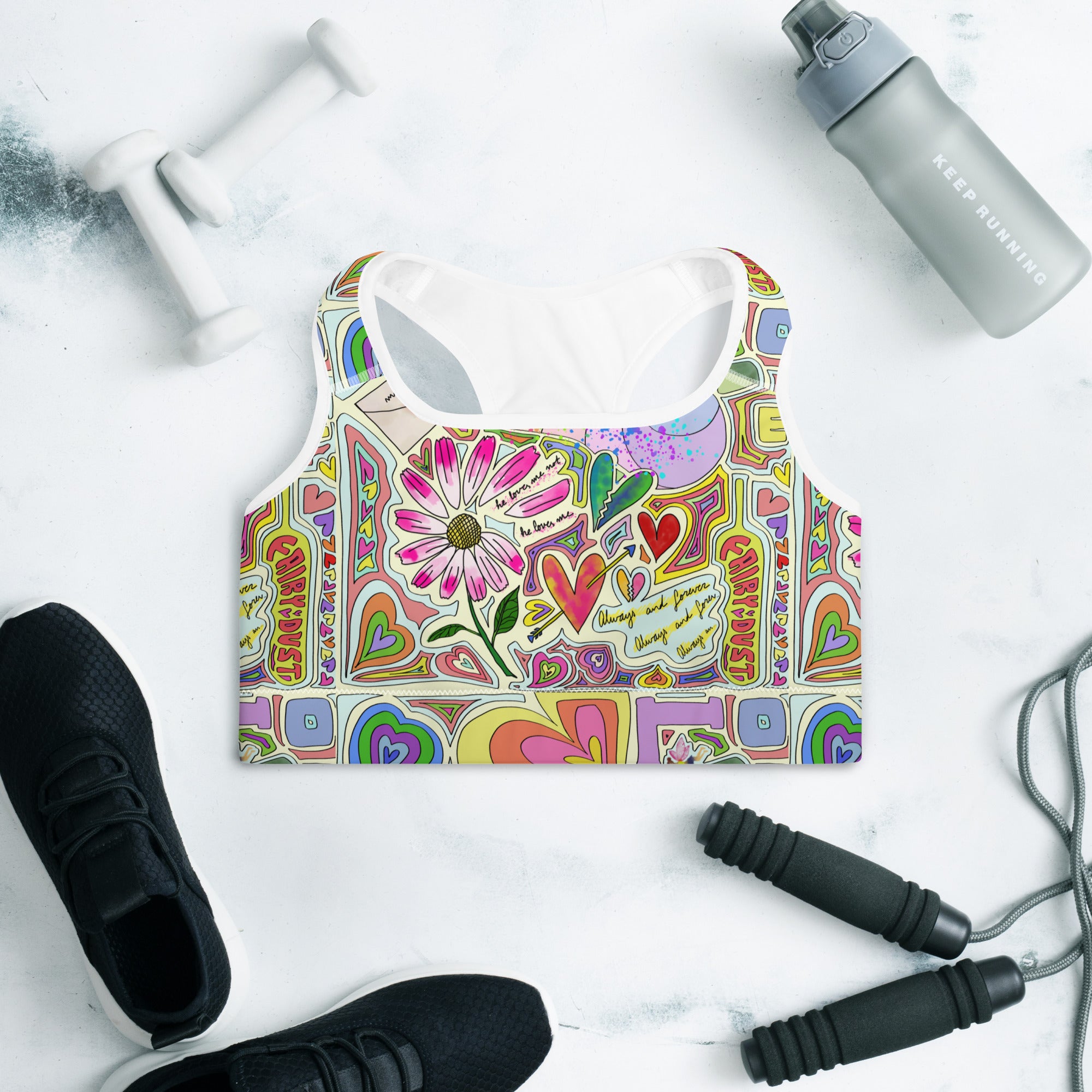 Colorful sports bra with fairy dust lgiht print front side
