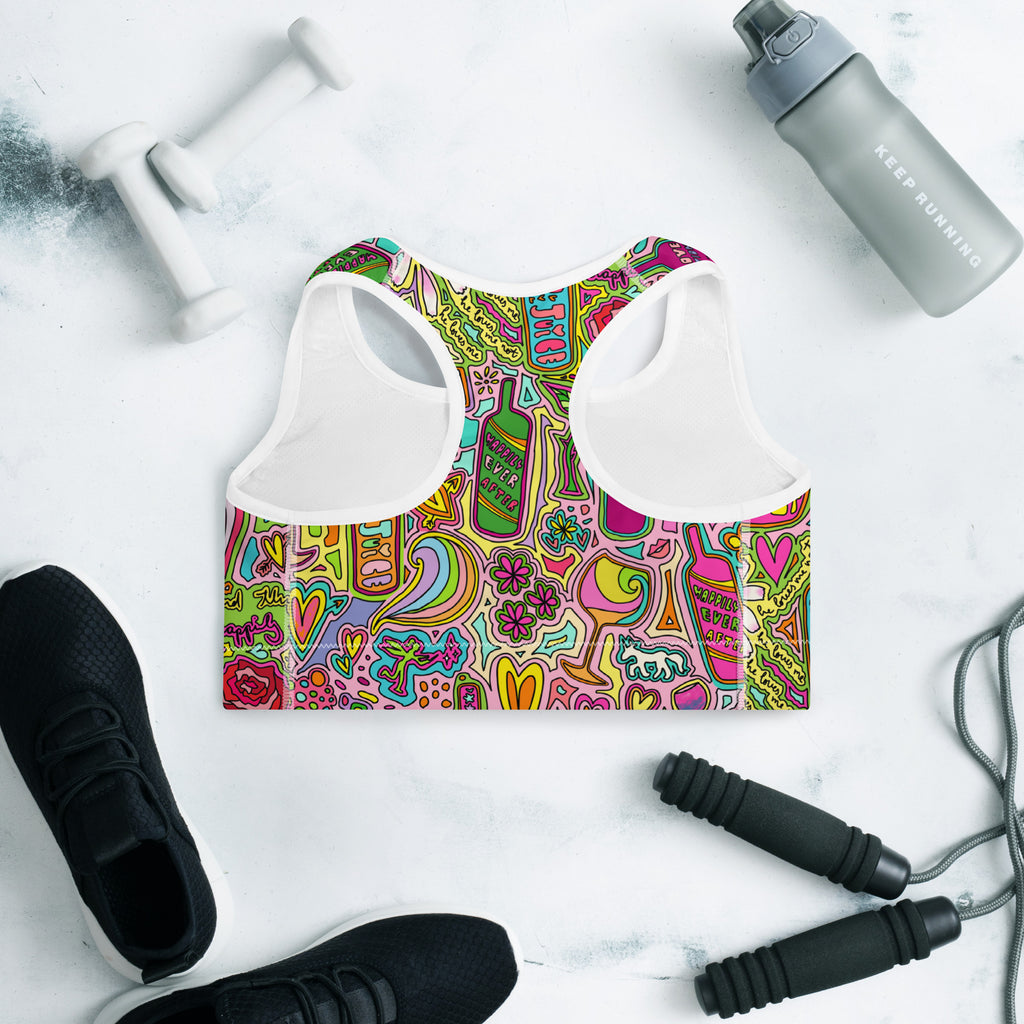 Colorful sports bra with fairytale doodles print back side