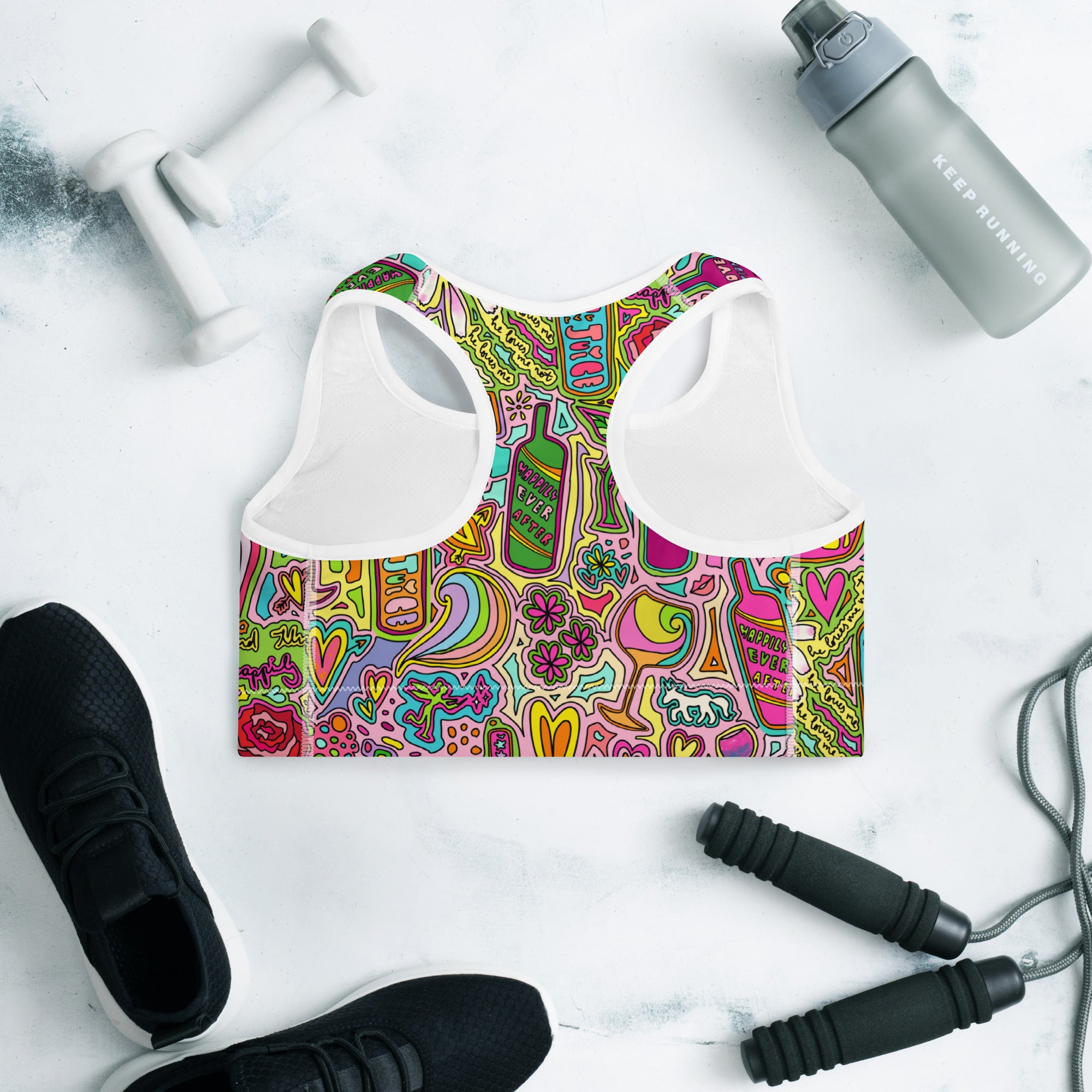 Colorful sports bra with fairytale doodles print back side