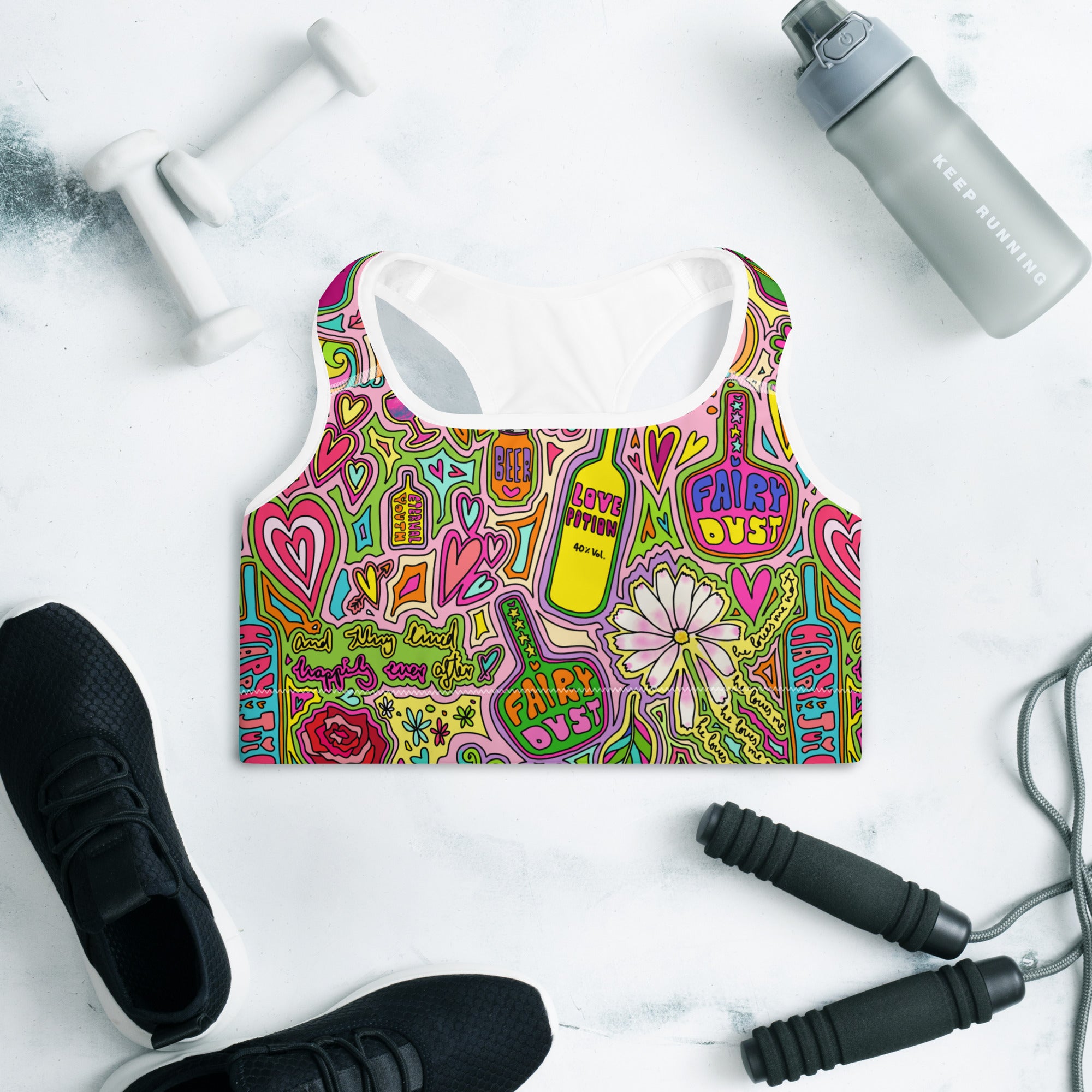 Colorful sports bra with fairytale doodles print front side