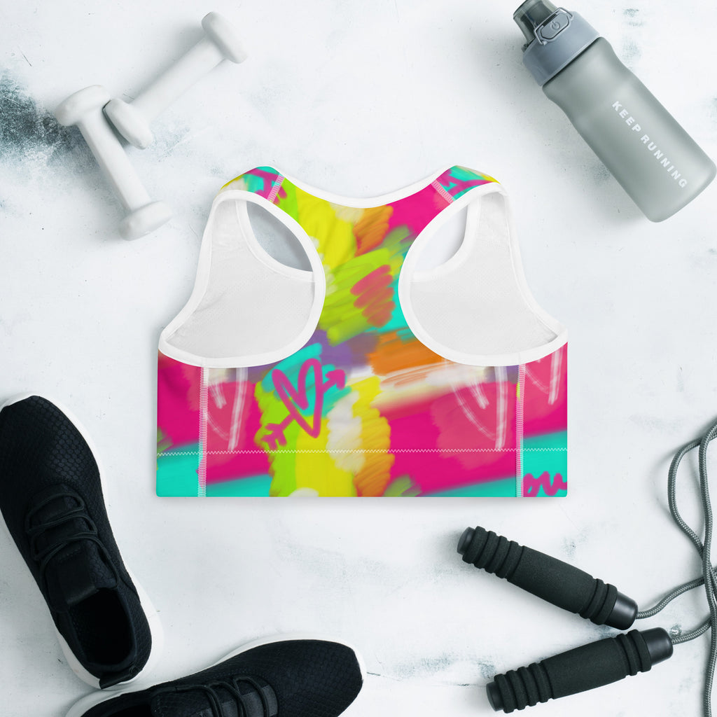 Colorful sports bra with lovestruck print back side