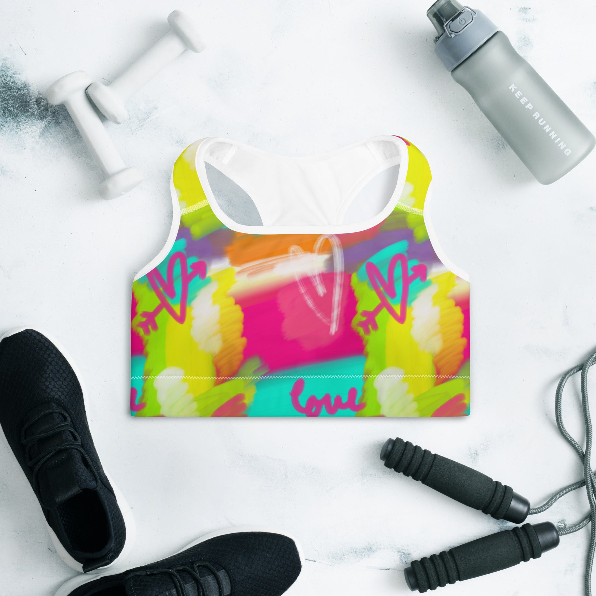 Colorful sports bra with lovestruck print front side