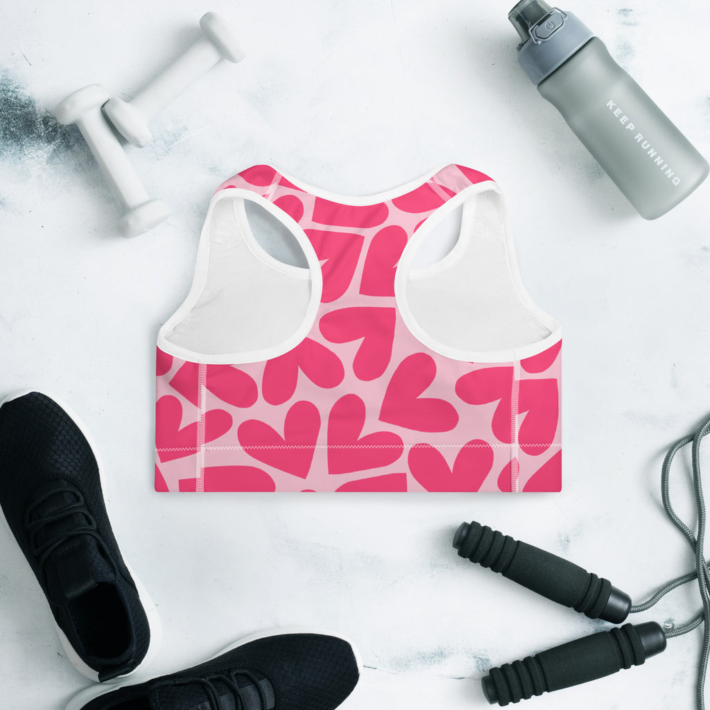 Colorful sports bra with pink hearts print back side