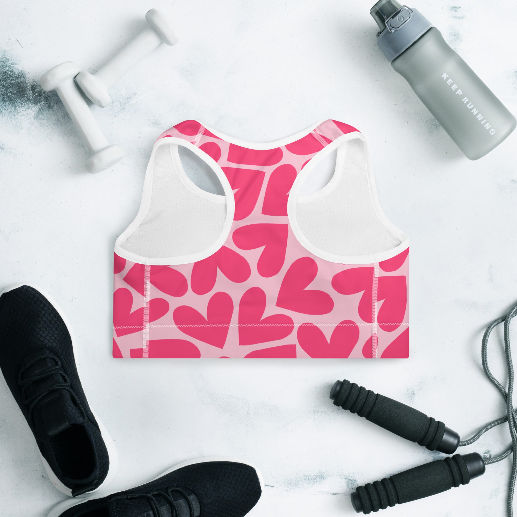 Colorful sports bra with pink hearts print back side