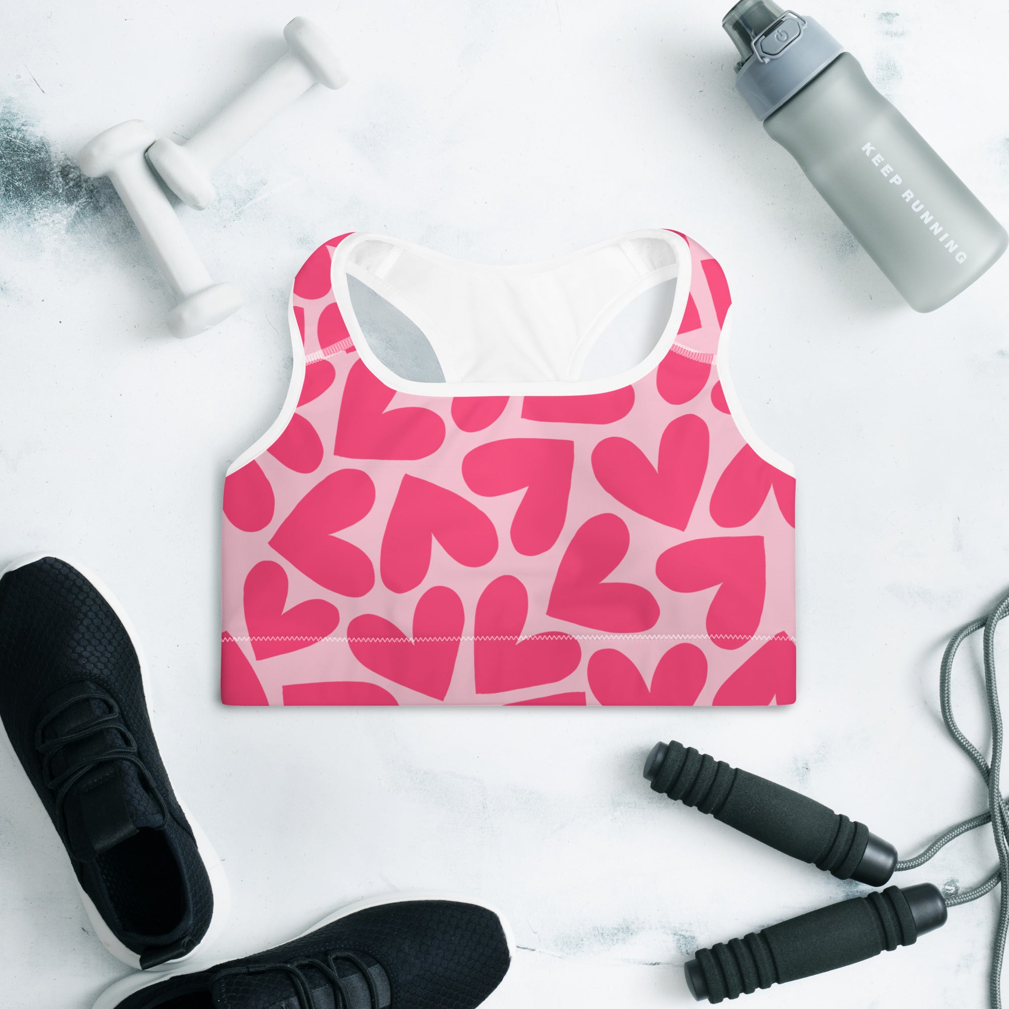 Colorful sports bra with pink hearts print front side