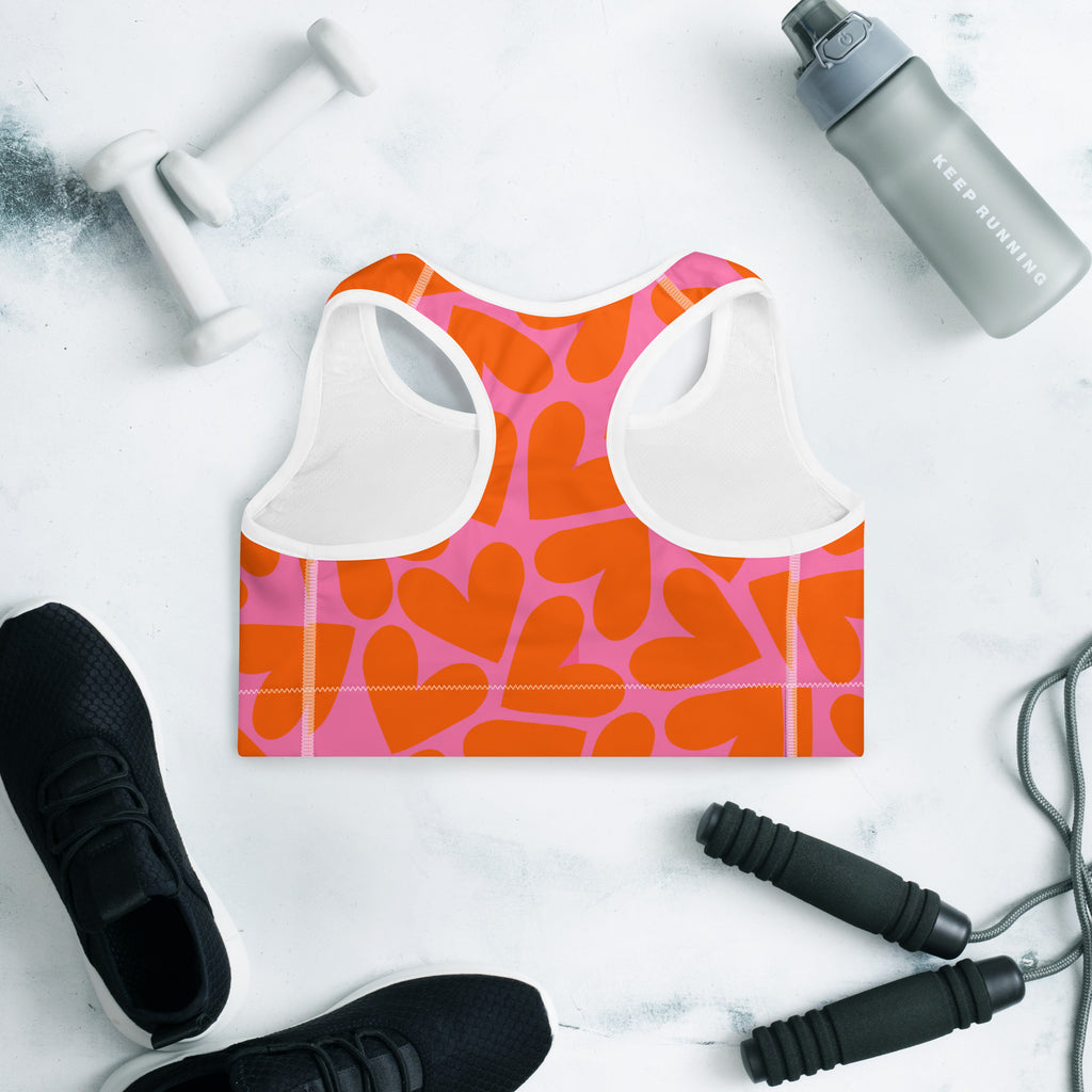 Colorful sports bra with pink and orange hearts print back side