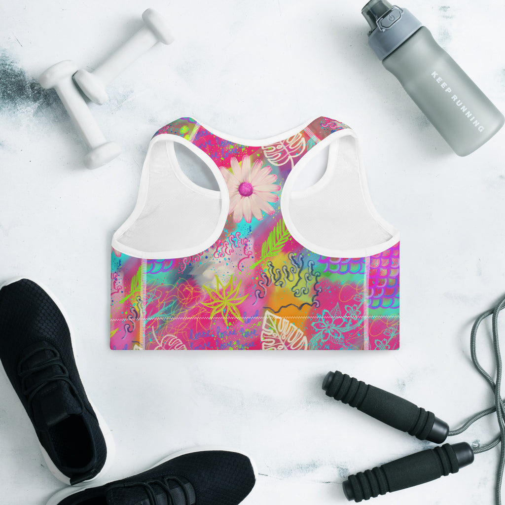 Colorful sports bra with pink tropical print back side