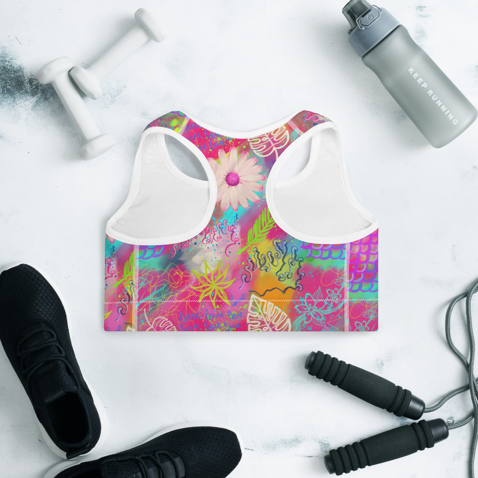 Colorful sports bra with pink tropical print back side