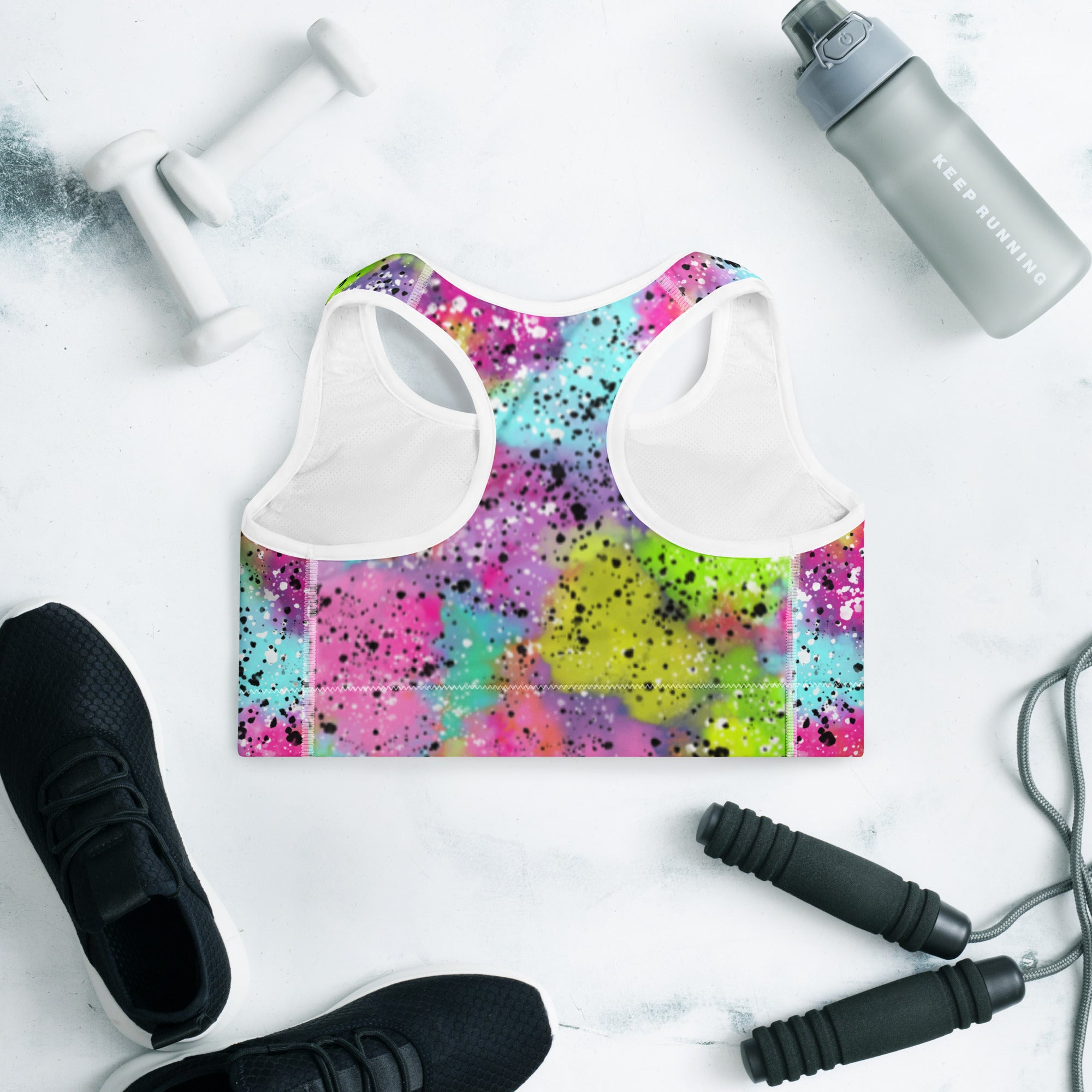 Colorful sports bra with rainbow galactic print, back side