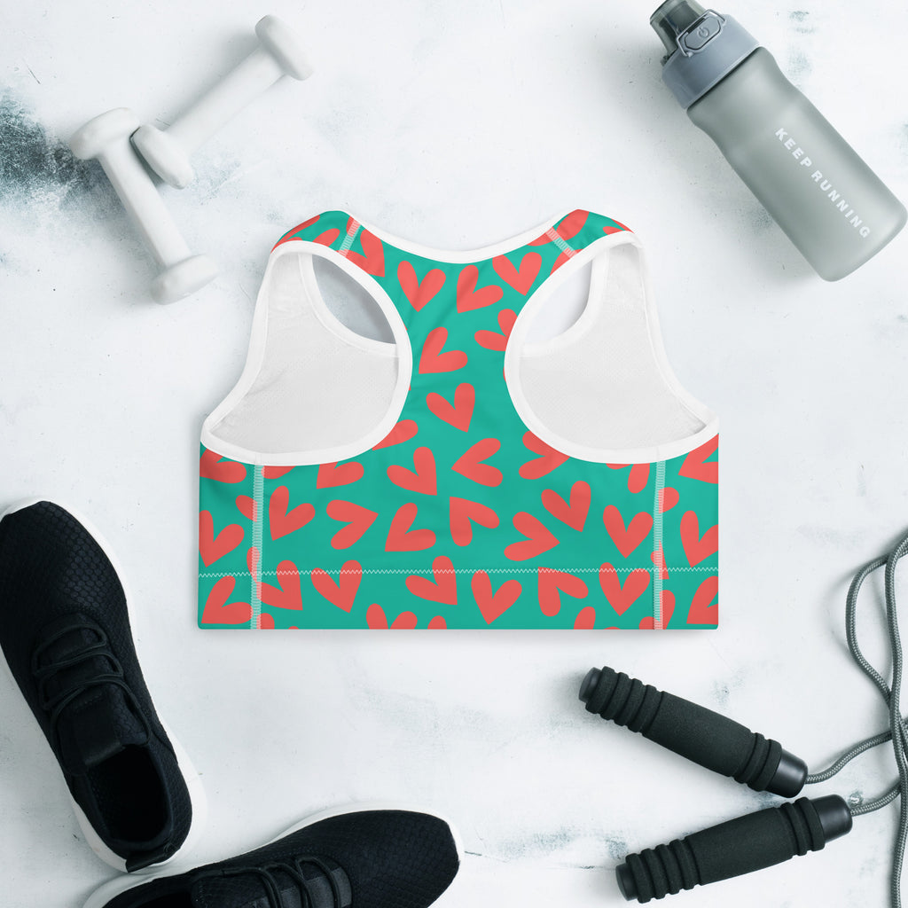 Colorful sports bra with teal and coral pink hearts print back side