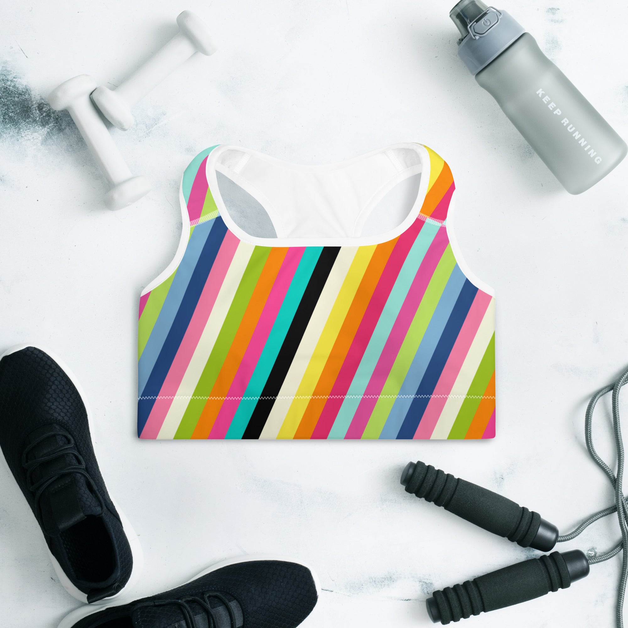 Colorful striped print sports bra front side