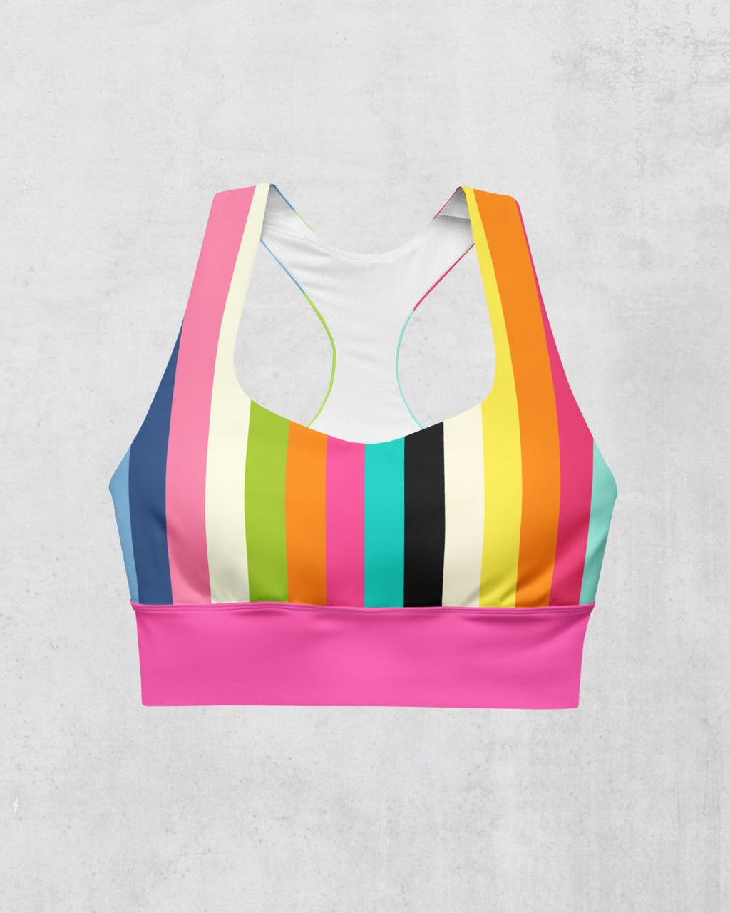 Colorful striped sports bra with a pink band, front side