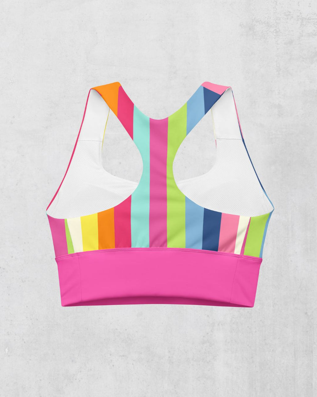 Colorful striped sports bra with a pink band, back side.