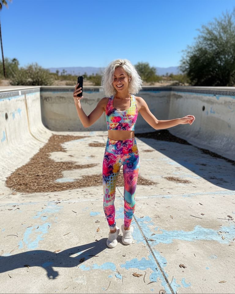 Woman in colorful athletic wear dancing in an abandoned pool area.