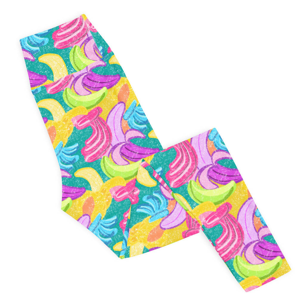 Colorful yoga leggings with bananas print, laid flat side view